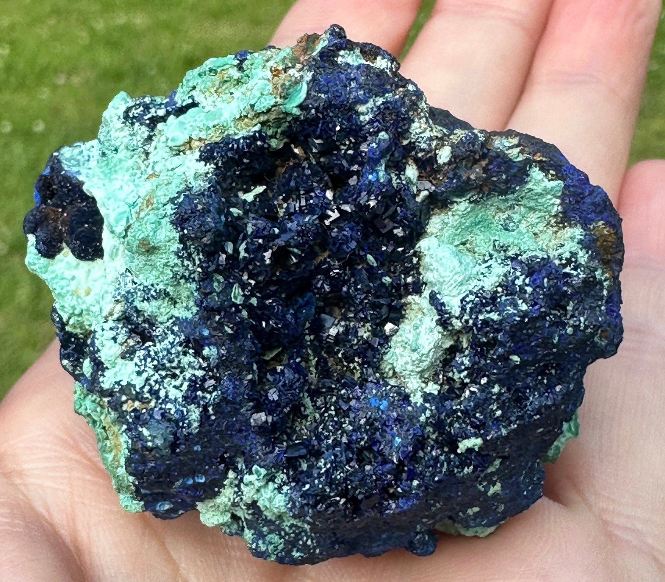 118 Grams Amazing Azurite Crystals and “Blueberries “ Cluster in Chrysocolla with some Orbicular Zoning