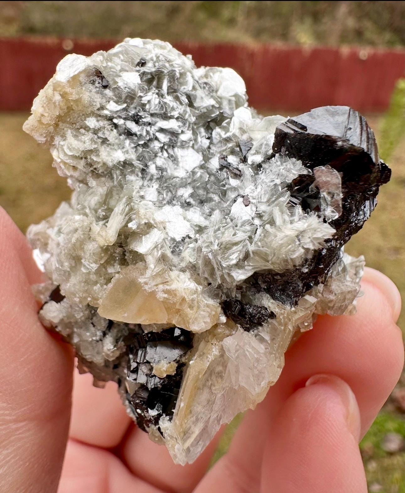 95 Grams Cassiterite Cluster with Silvery Muscovite & Fluorescent Calcite from Afghanistan