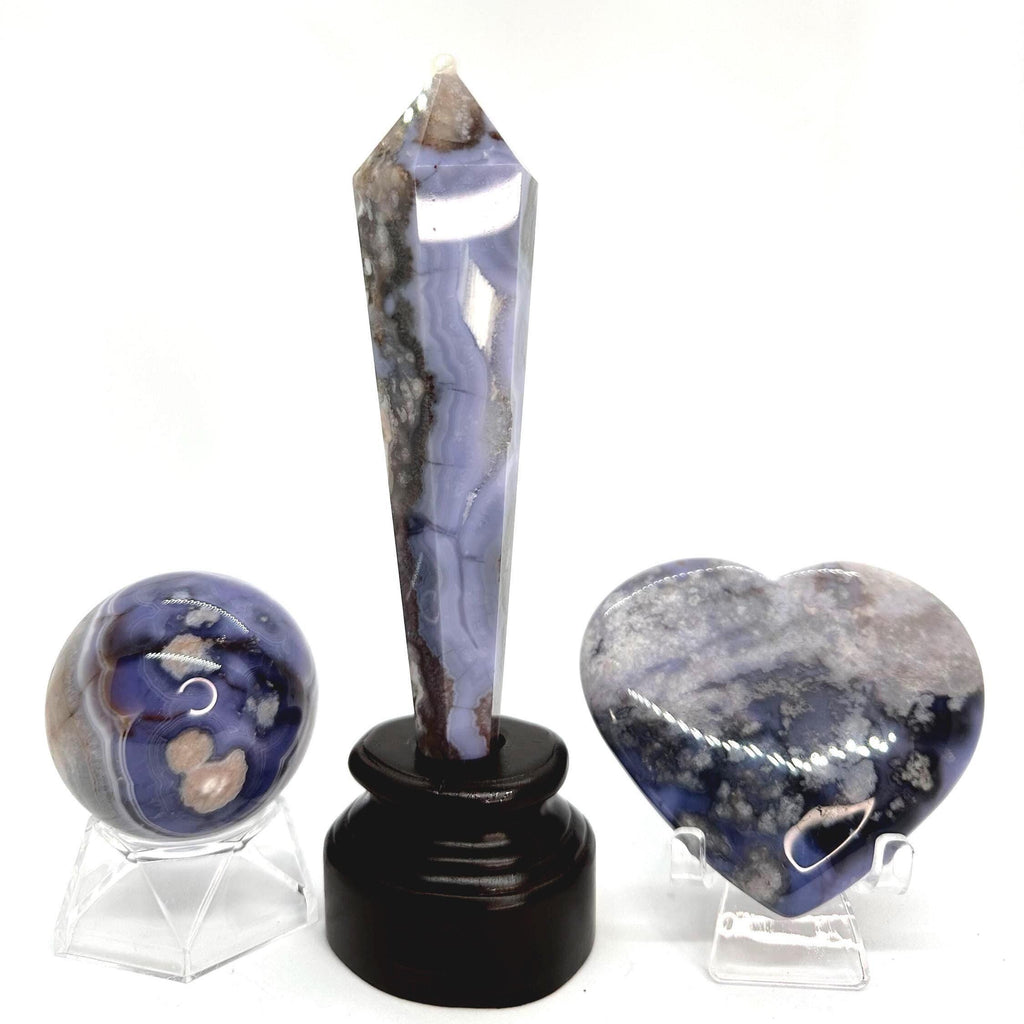 Blue Flower Agate Heart, Sphere & Wand Set with Acacia Stand from Madagascar