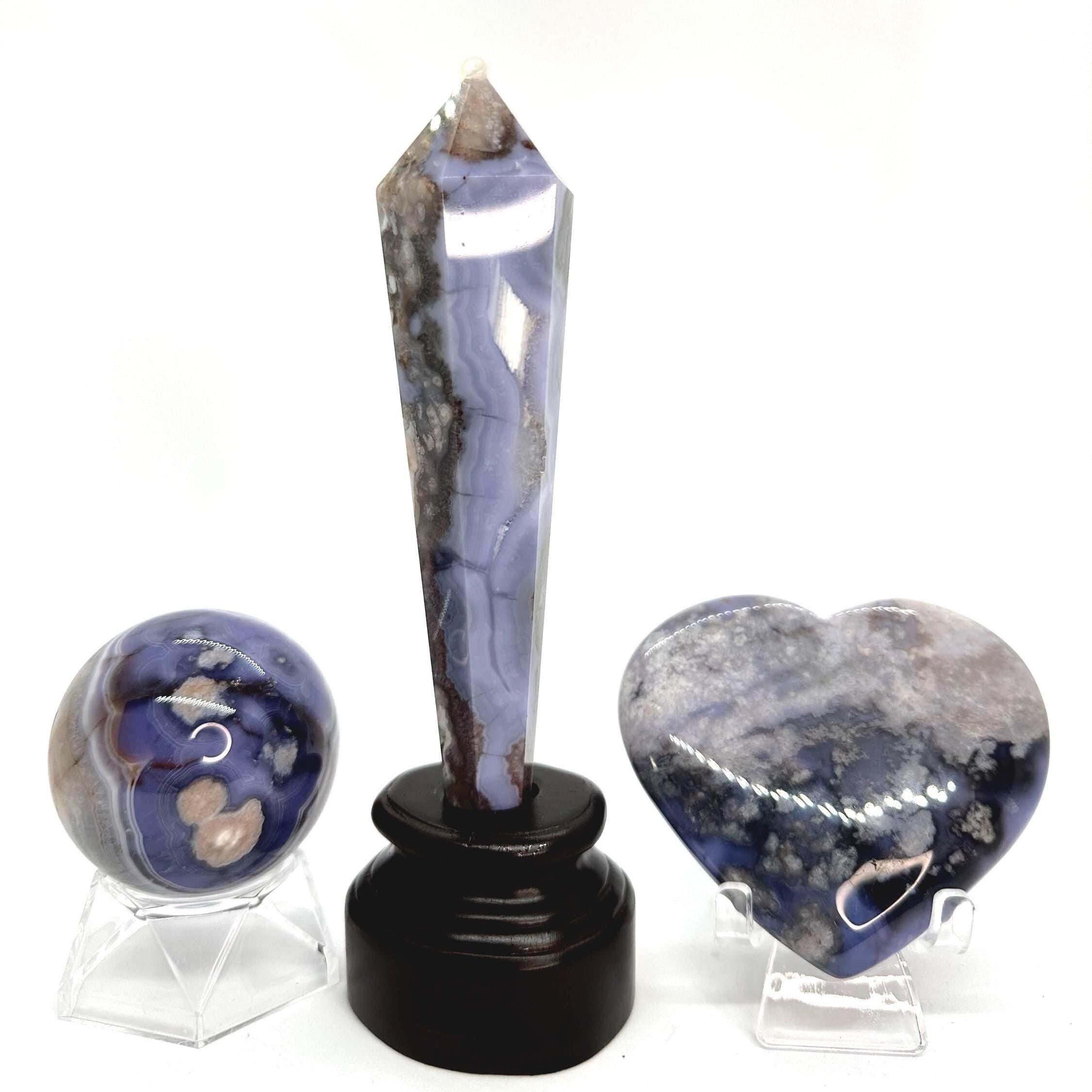 Blue Flower Agate Heart, Sphere & Wand Set with Acacia Stand from Madagascar