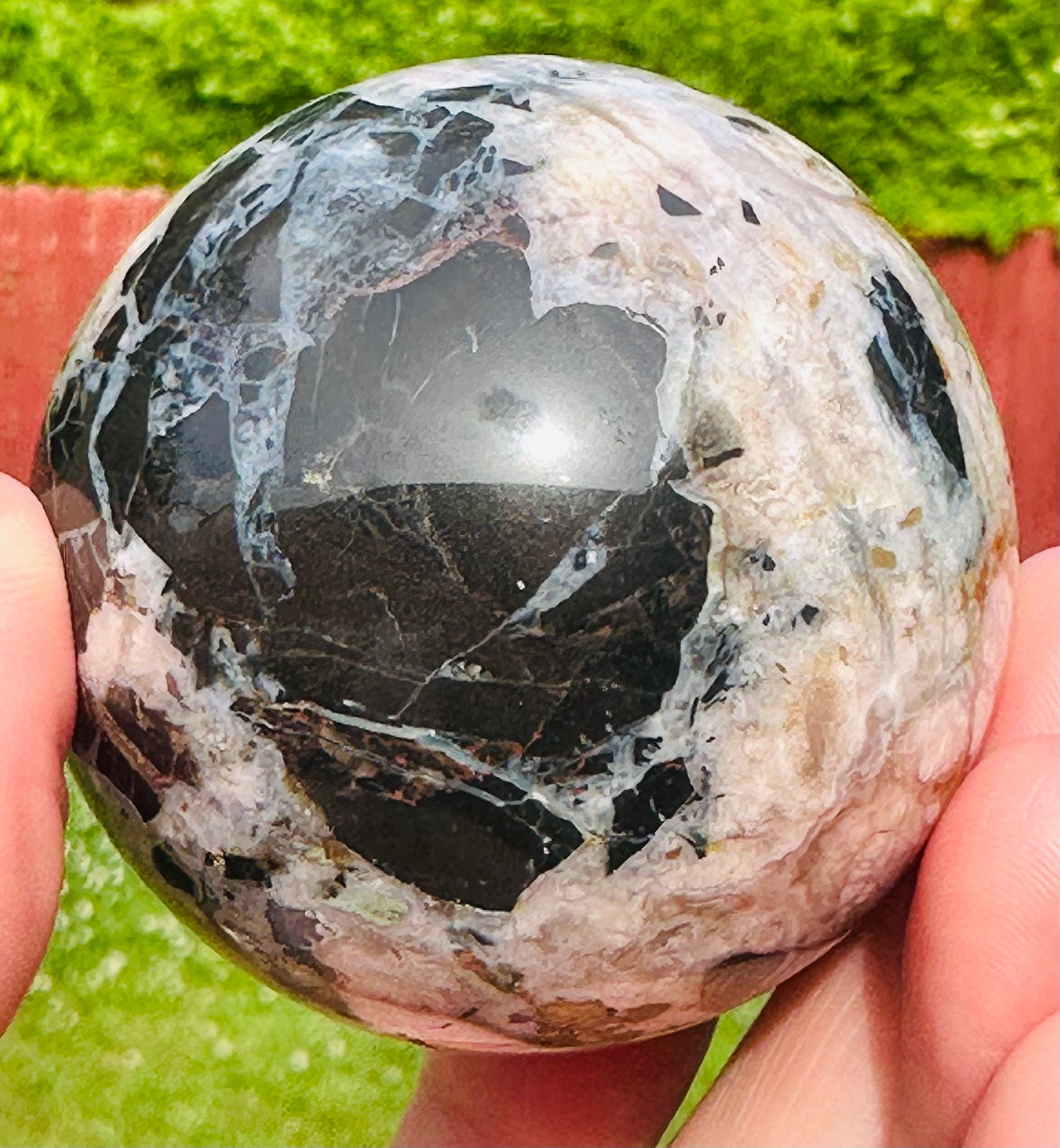 231 Grams Mosaic Like Black Flower Agate Sphere from Madagascar