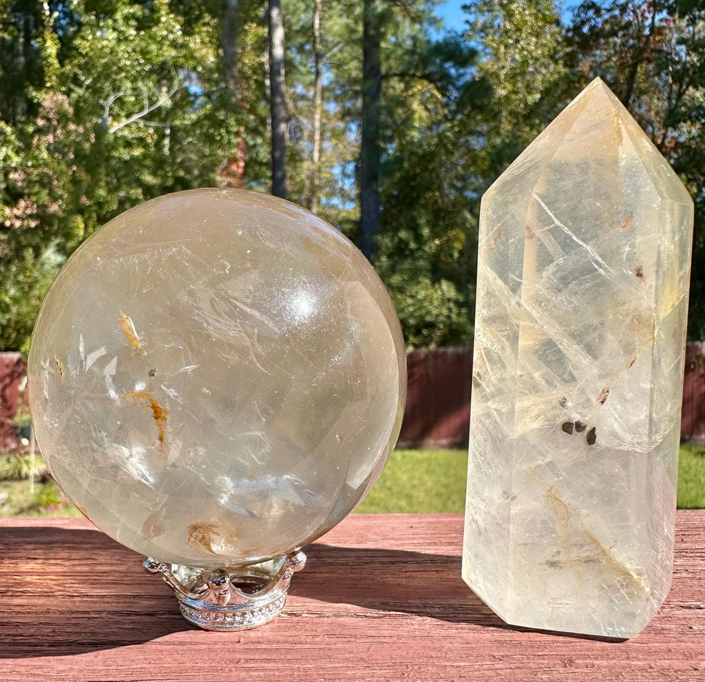 Girasol Quartz Sphere & Point Set with Unique Inclusions from Madagascar