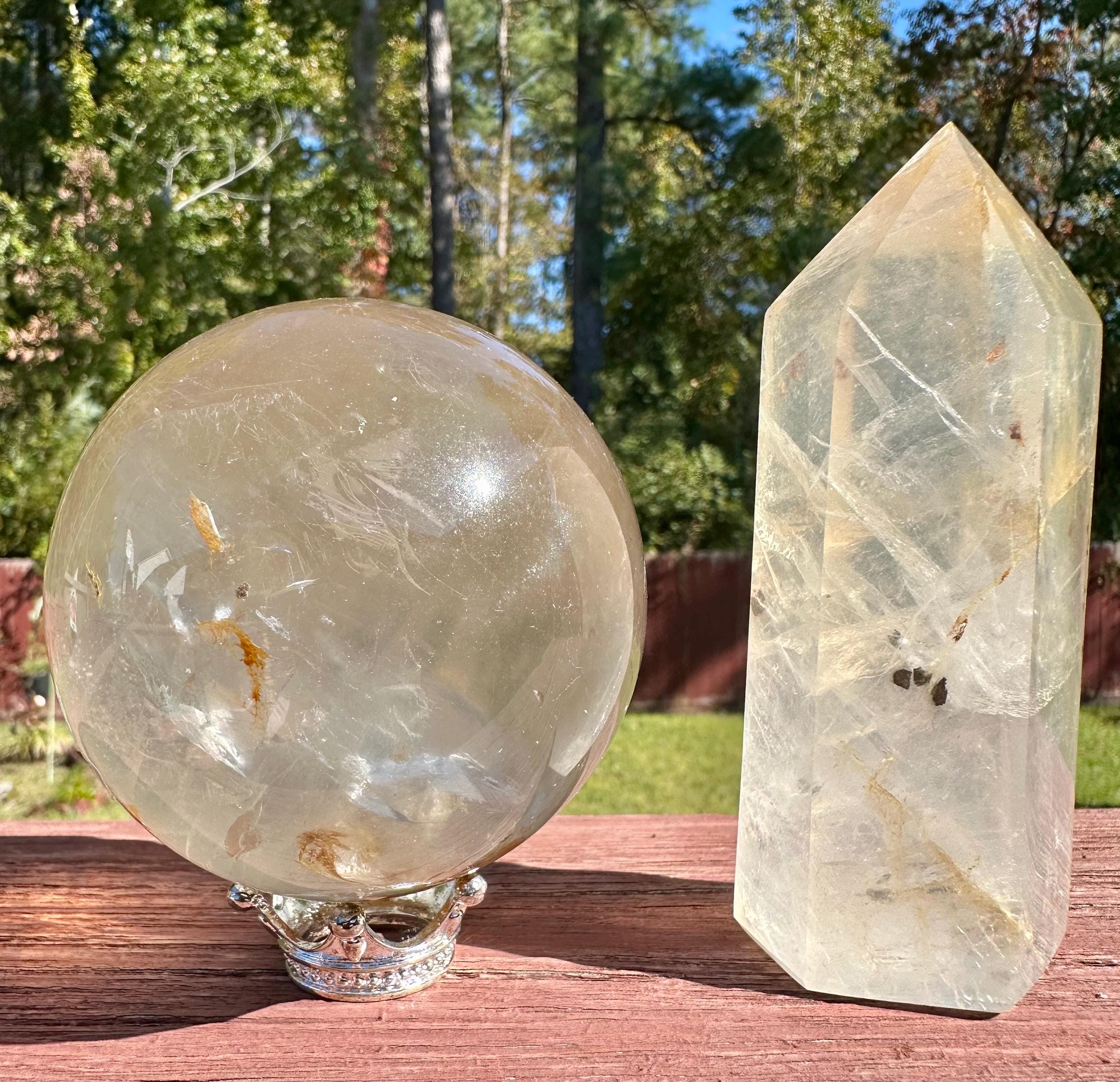Girasol Quartz Sphere & Point Set with Unique Inclusions from Madagascar