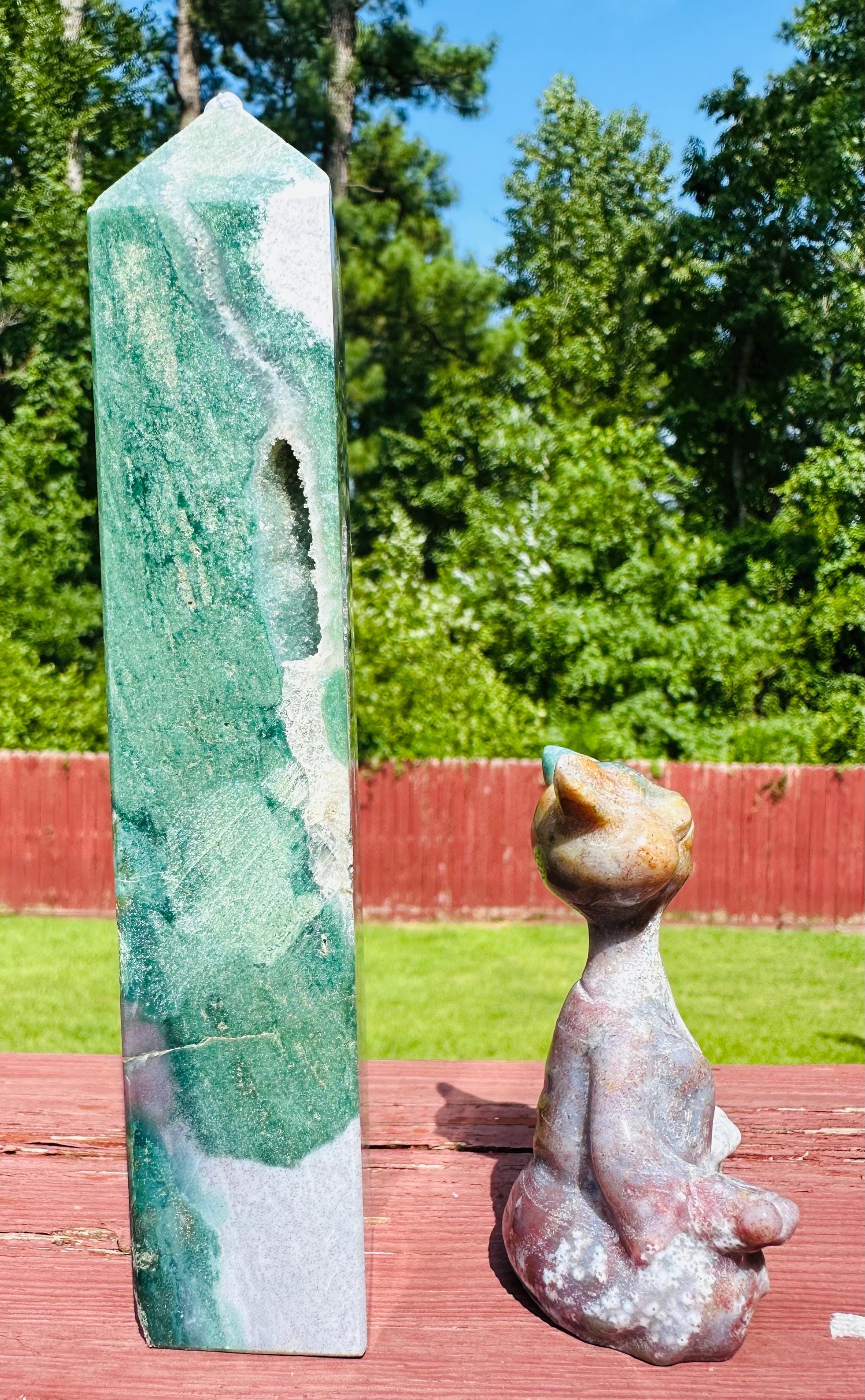 Ocean's Embrace Duo: Rare Ocean Jasper Druzy Cave & Meditating Cat Carving
