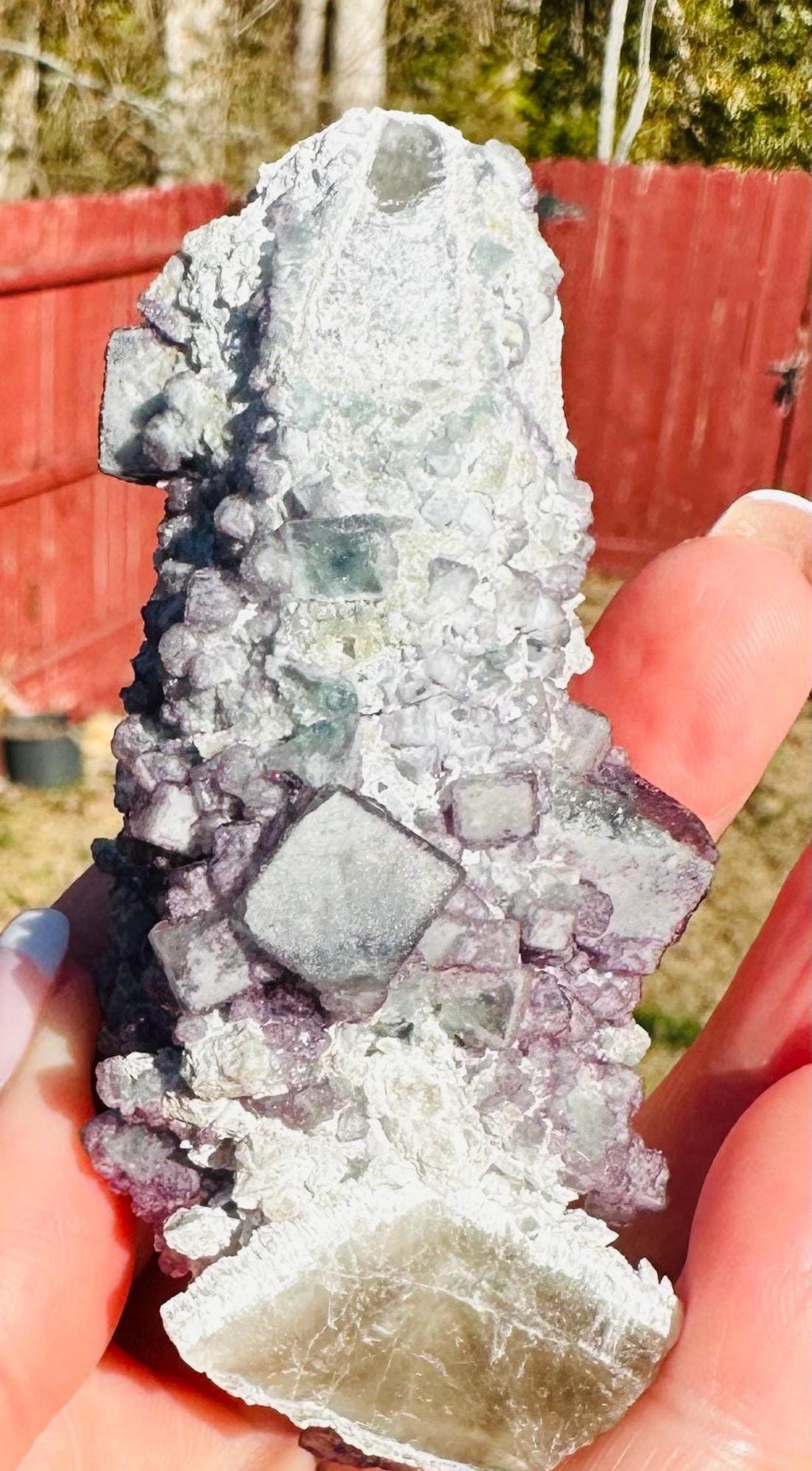 133 Grams DT and ET Natural Green and Purple Octahedron Fluorite over a Second Crystalization Specimen Huanggangliang