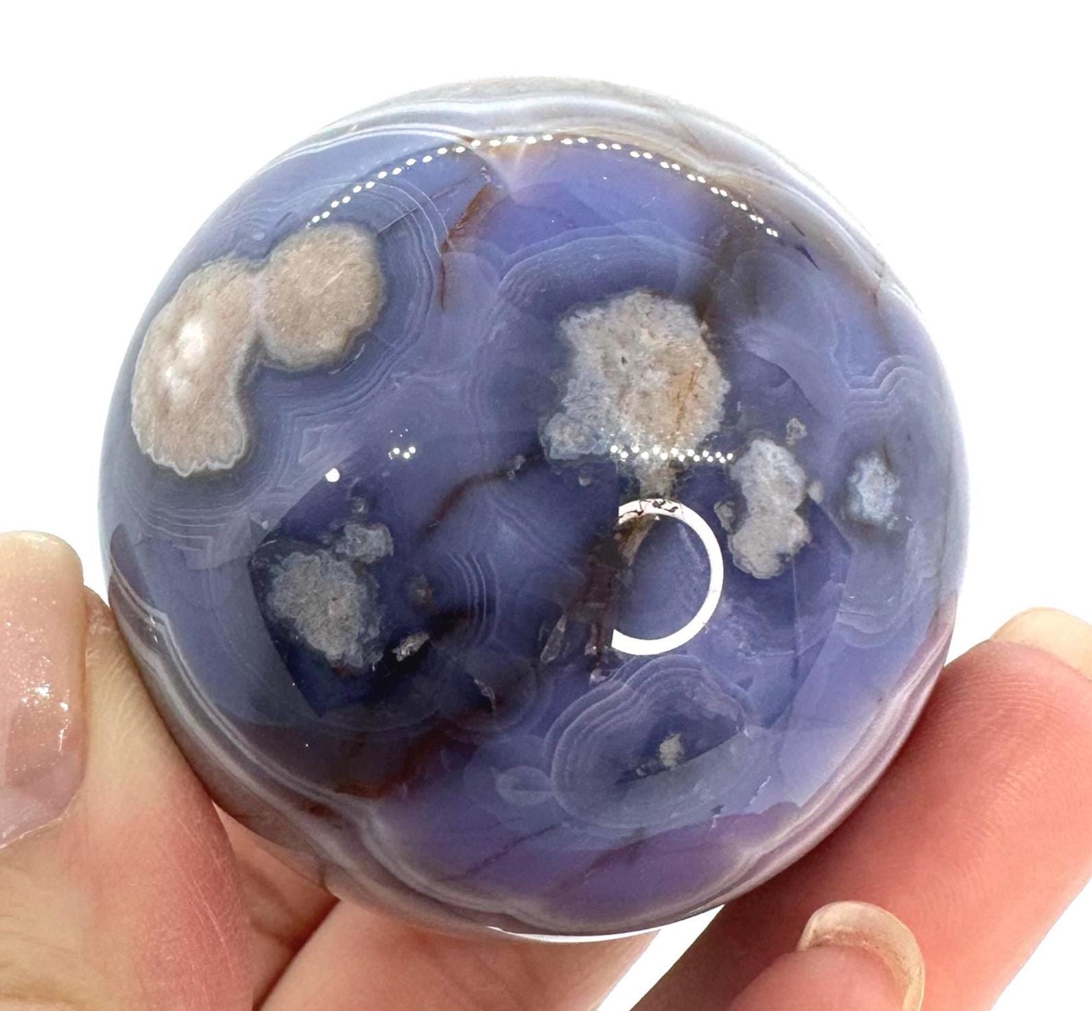 Blue Flower Agate Heart, Sphere & Wand Set with Acacia Stand from Madagascar