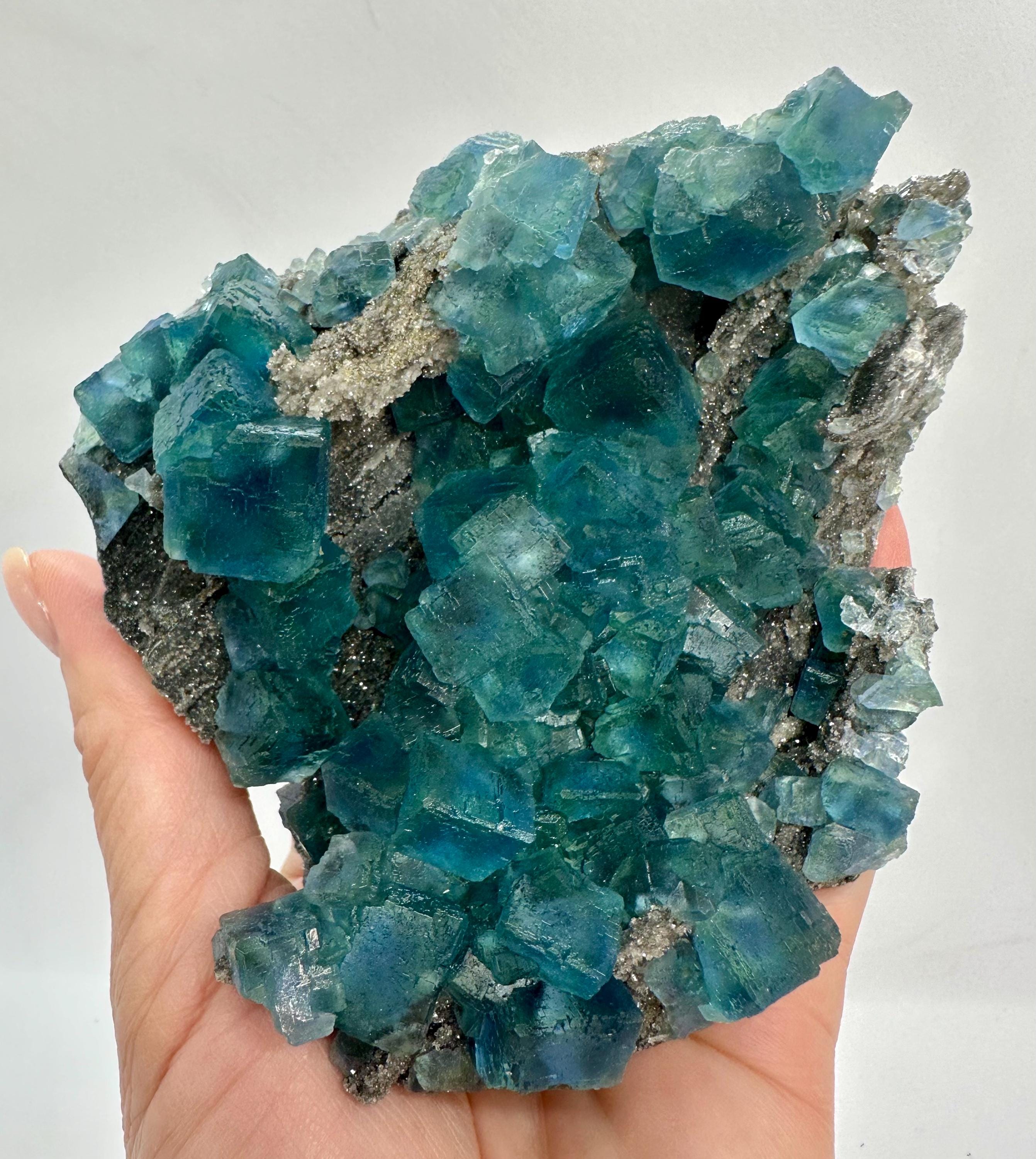 615 Grams Pristine Blue–Green Zoned Fluorite Cluster on Sparkly Granular Quartz — With Etched Cubic Faces Quartz from Hunan Province, China