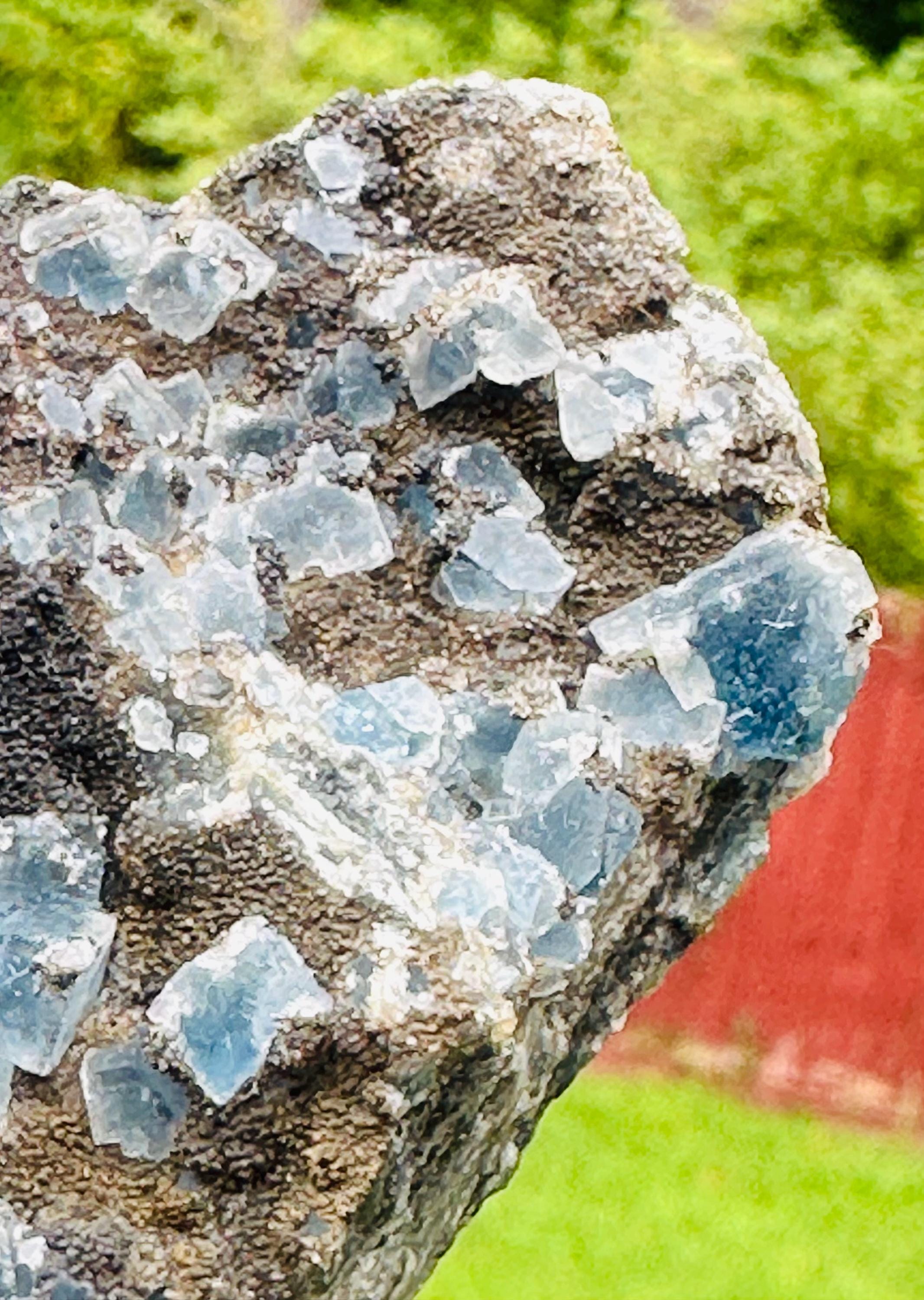 144 Grams Uncommon Self Standing Blue cubic Fluorite formed on a bed of Smokey Druzy Quartz