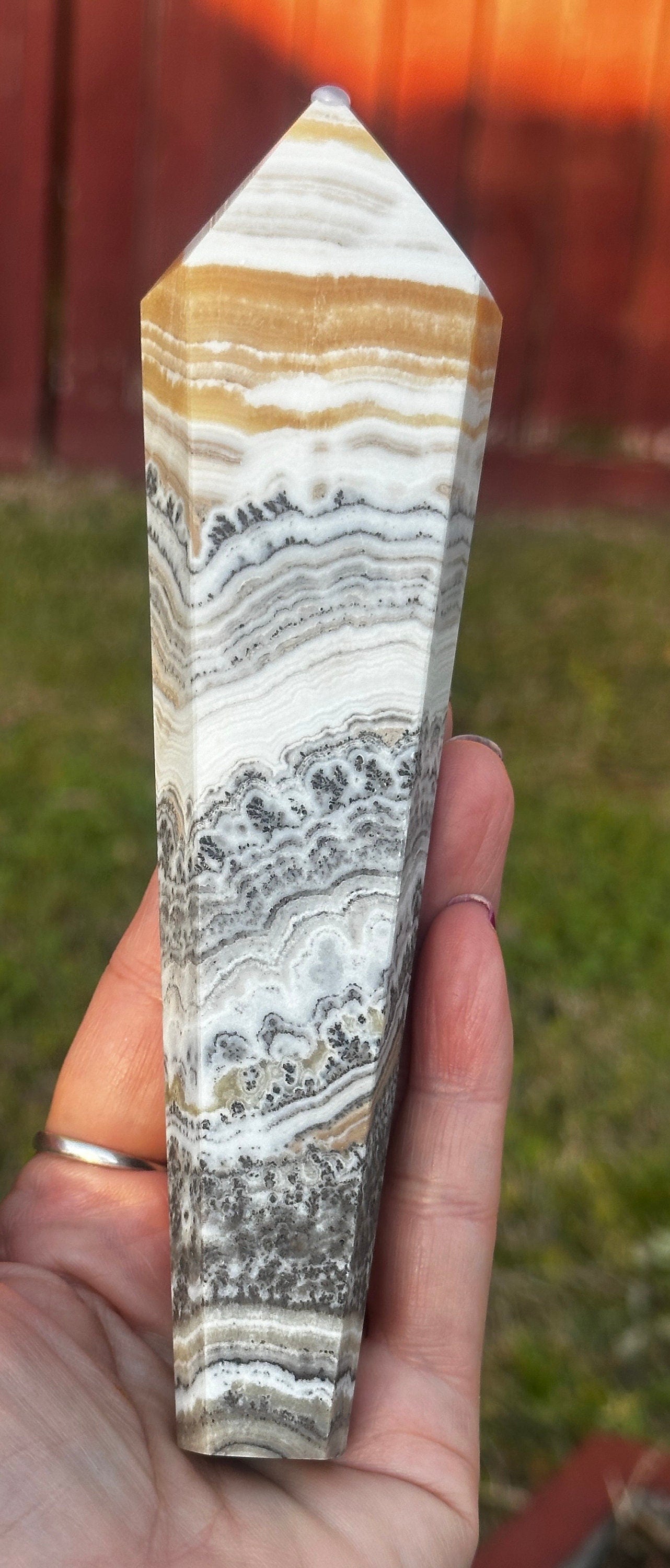 460 Grams Beautiful Dendritic Orange Calcite with wooden stand