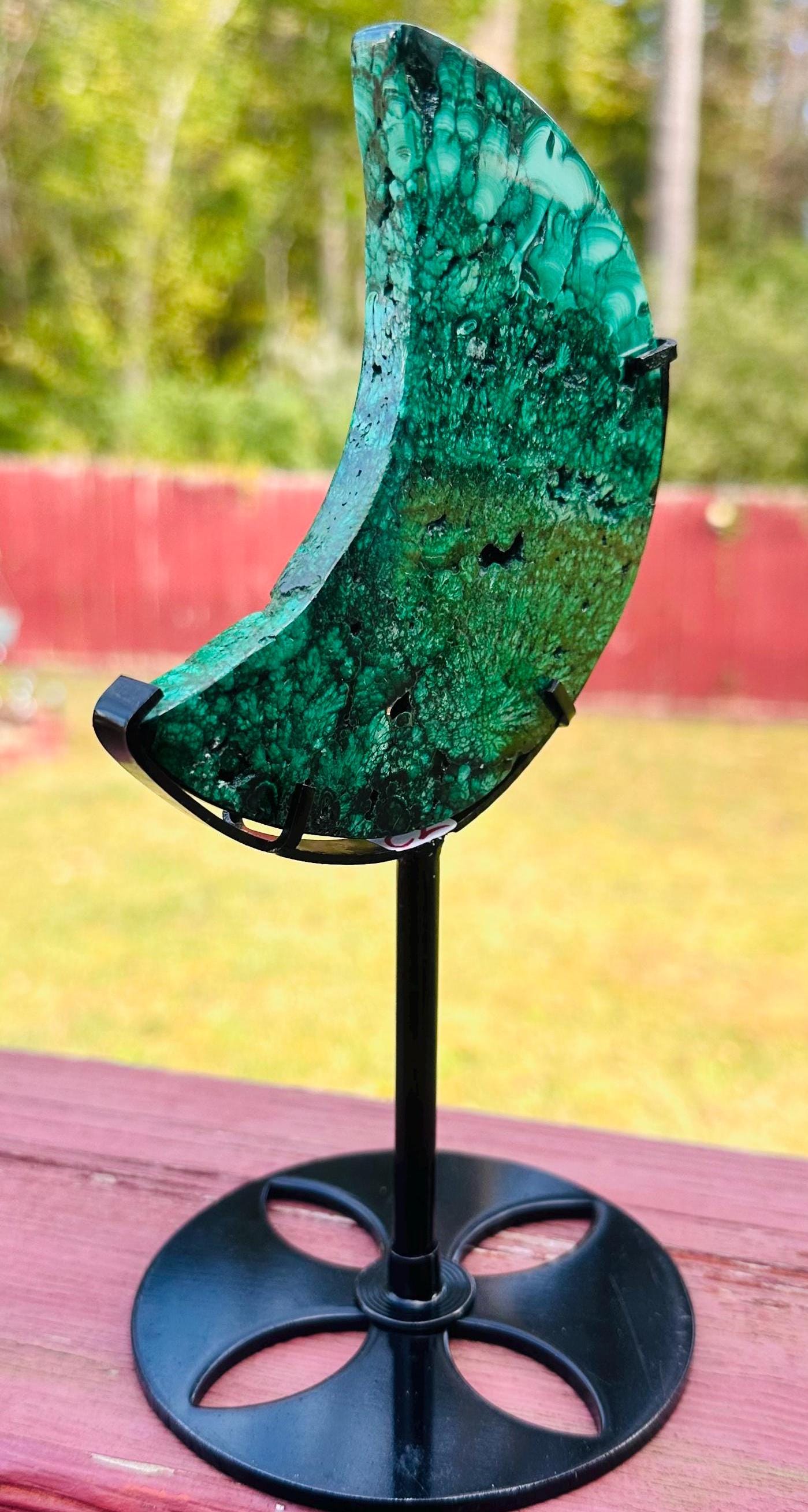 225 grams Gorgeous Malachite Crescent Moon with metal stand