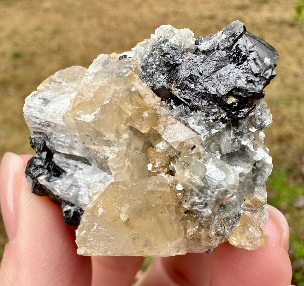 95 Grams Cassiterite Cluster with Silvery Muscovite & Fluorescent Calcite from Afghanistan