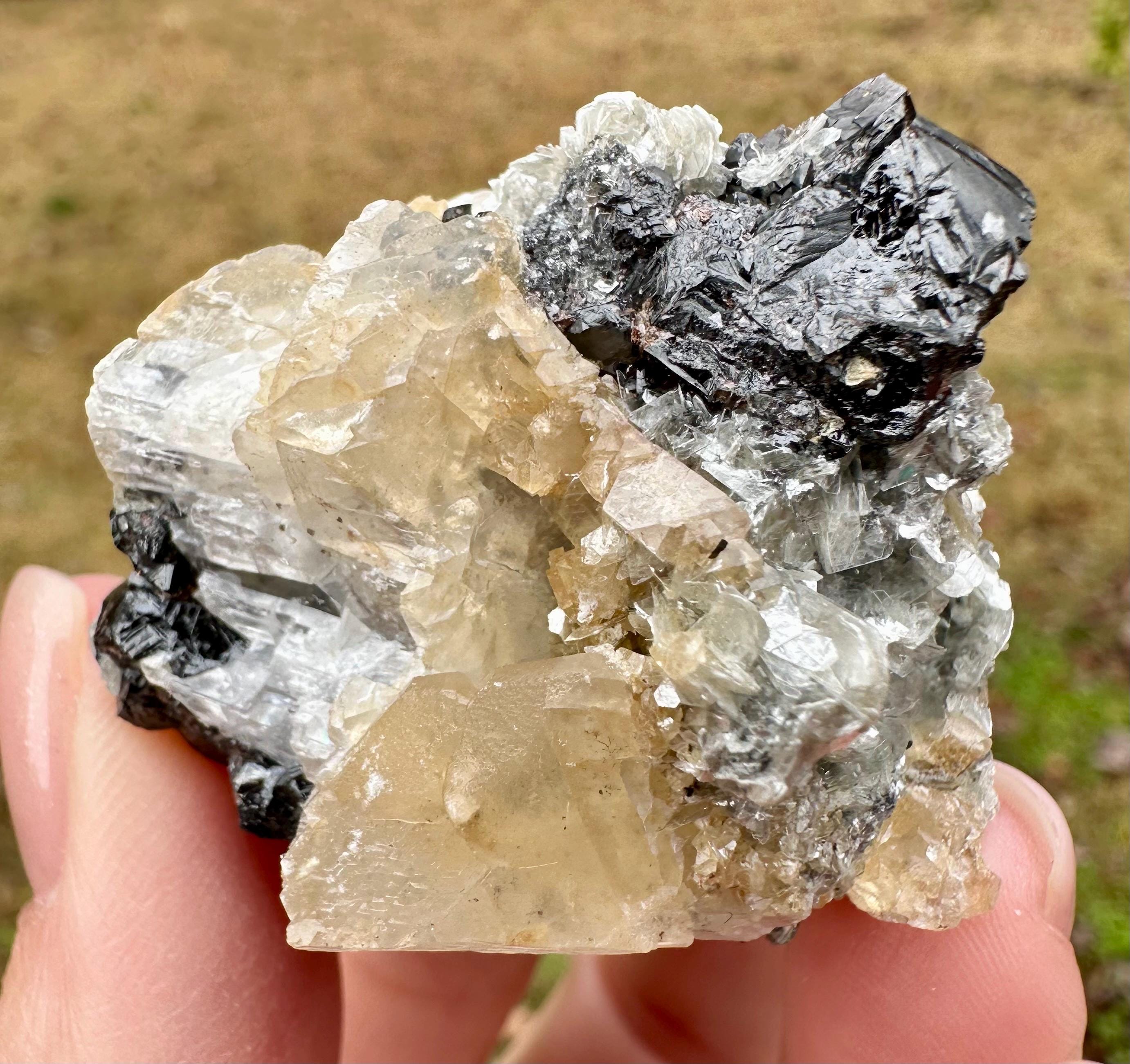 95 Grams Cassiterite Cluster with Silvery Muscovite & Fluorescent Calcite from Afghanistan
