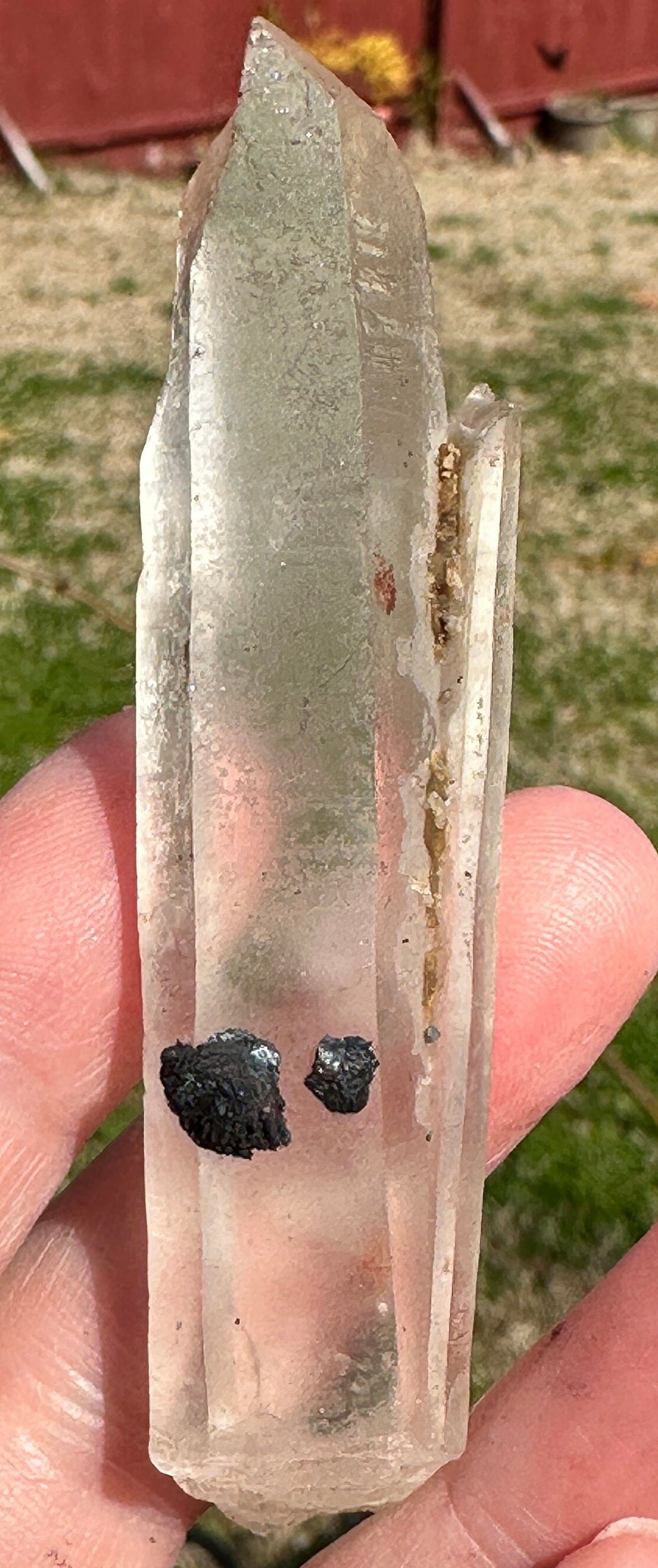 54 Grams very peculiar singing Pair of Clear Quartz Points with Specularite Rosettes