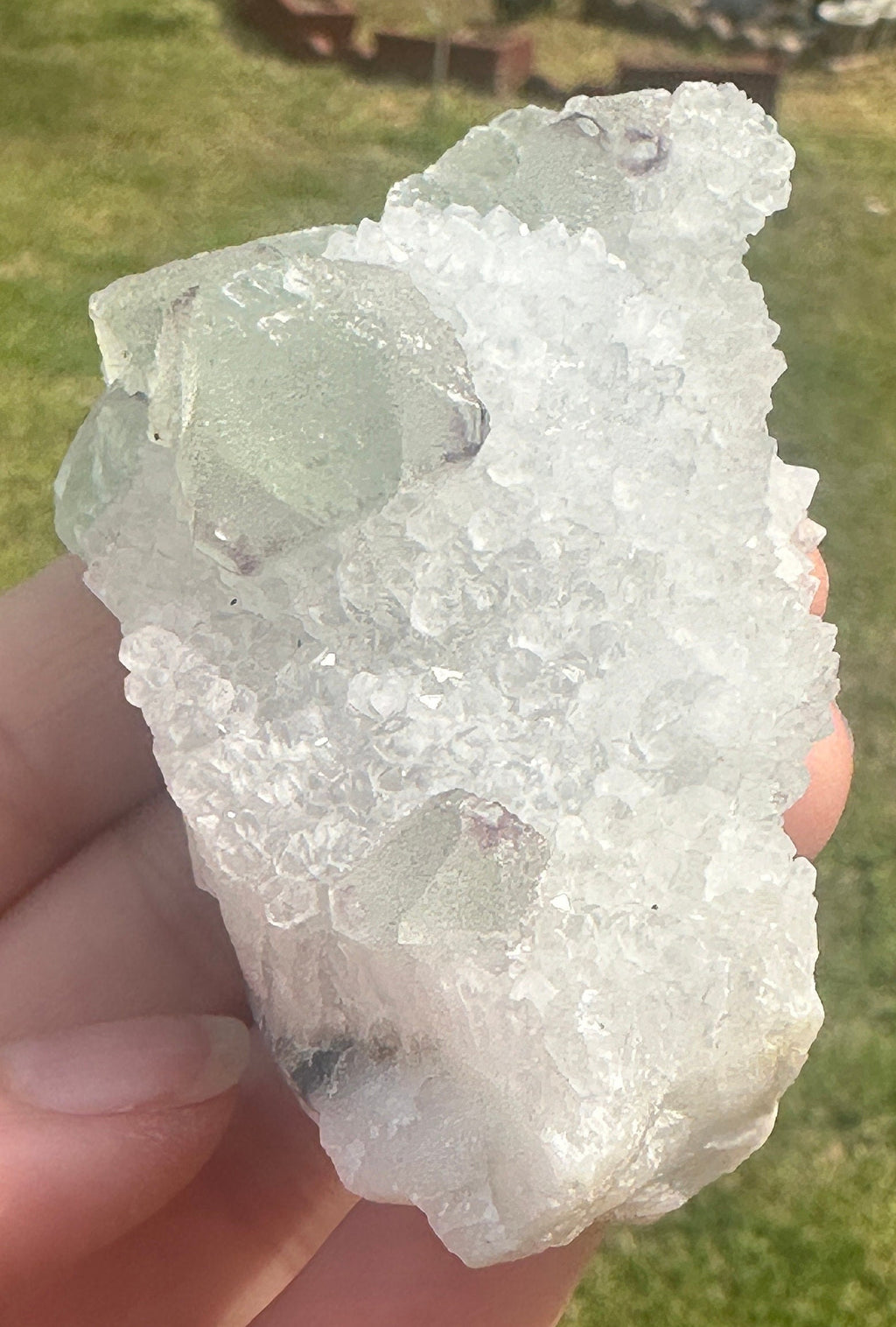 127 Grams Beautiful Light Green Octahedron with Purple Phantoms over White Quartz