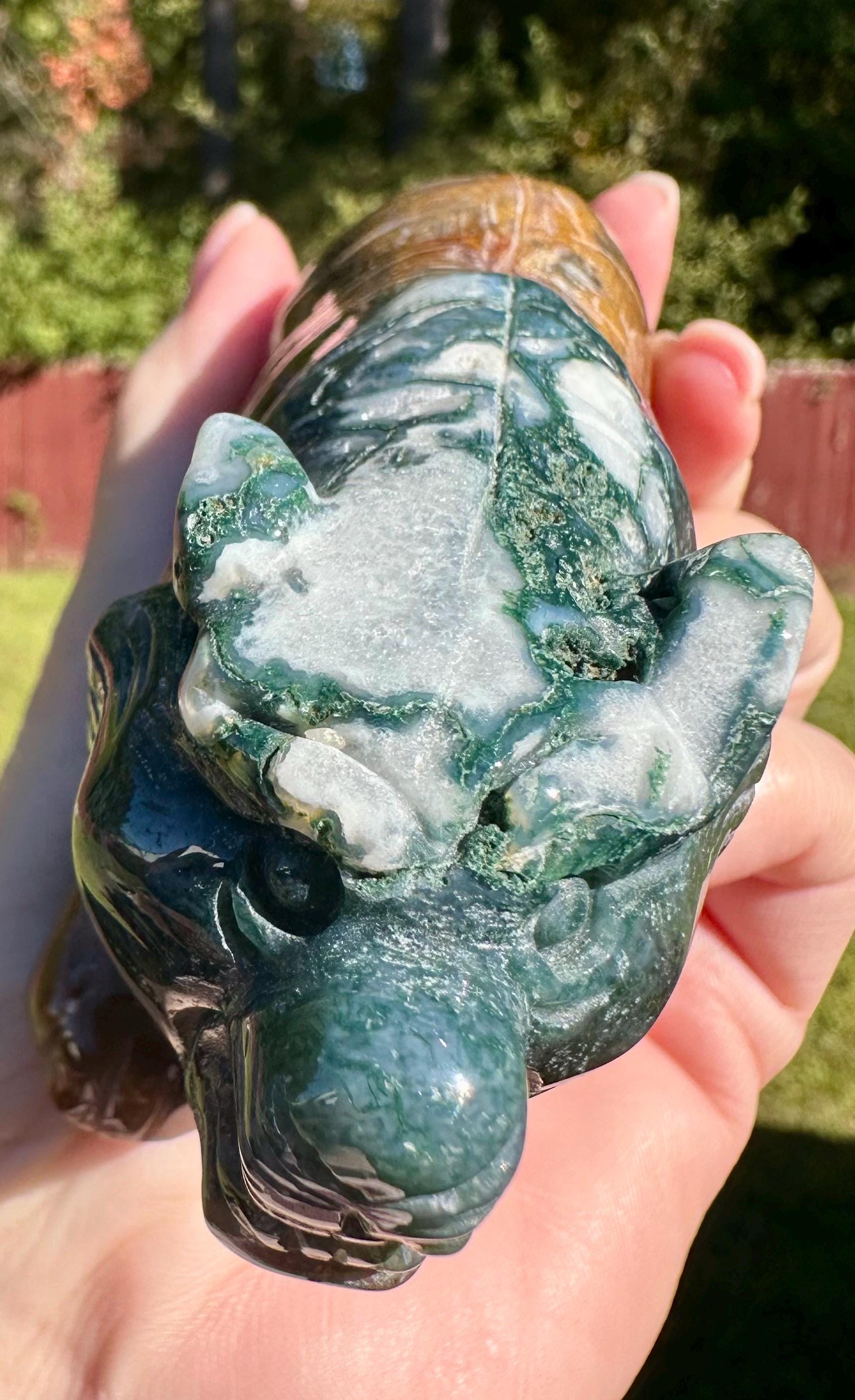 383 grams Captivating Colorful Moss Agate Tiger Carving from India