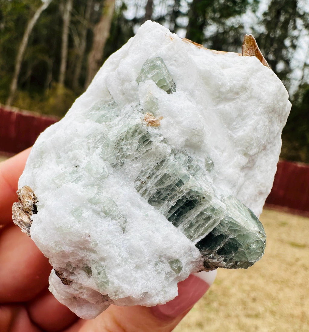 154 Grams well formed Green Apatite Crystal on Feldspar with shiny Golden Mica from Afghanistan