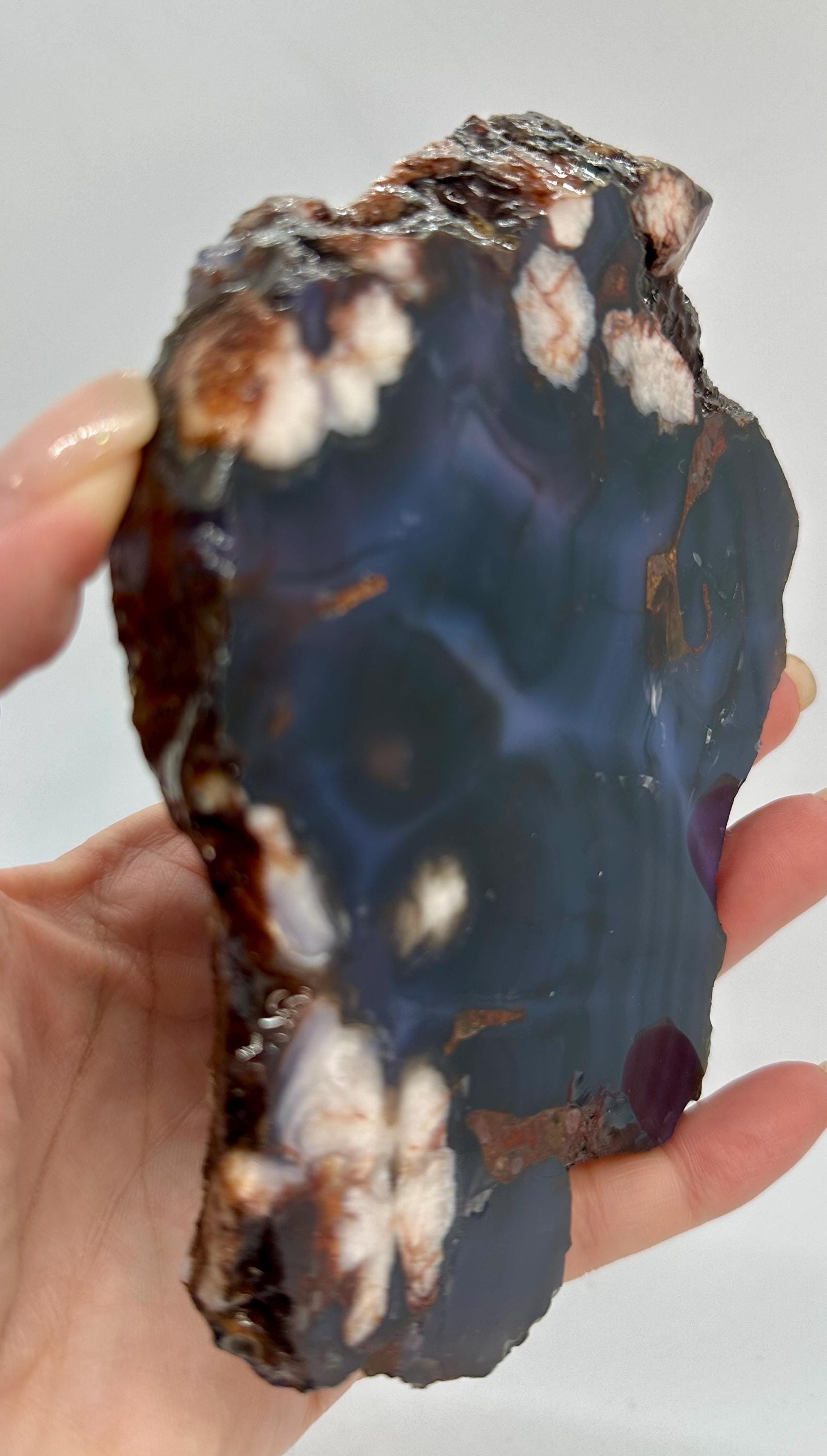 Dark Blue Flower Agate Set — Slab, Heart, Feather Carving & Wand with Acacia Stand