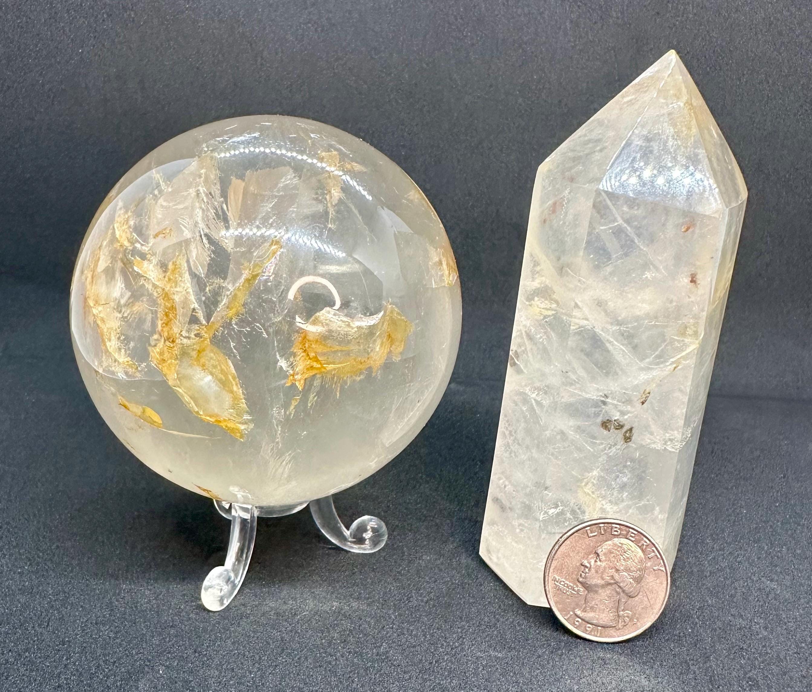 Girasol Quartz Sphere & Point Set with Unique Inclusions from Madagascar