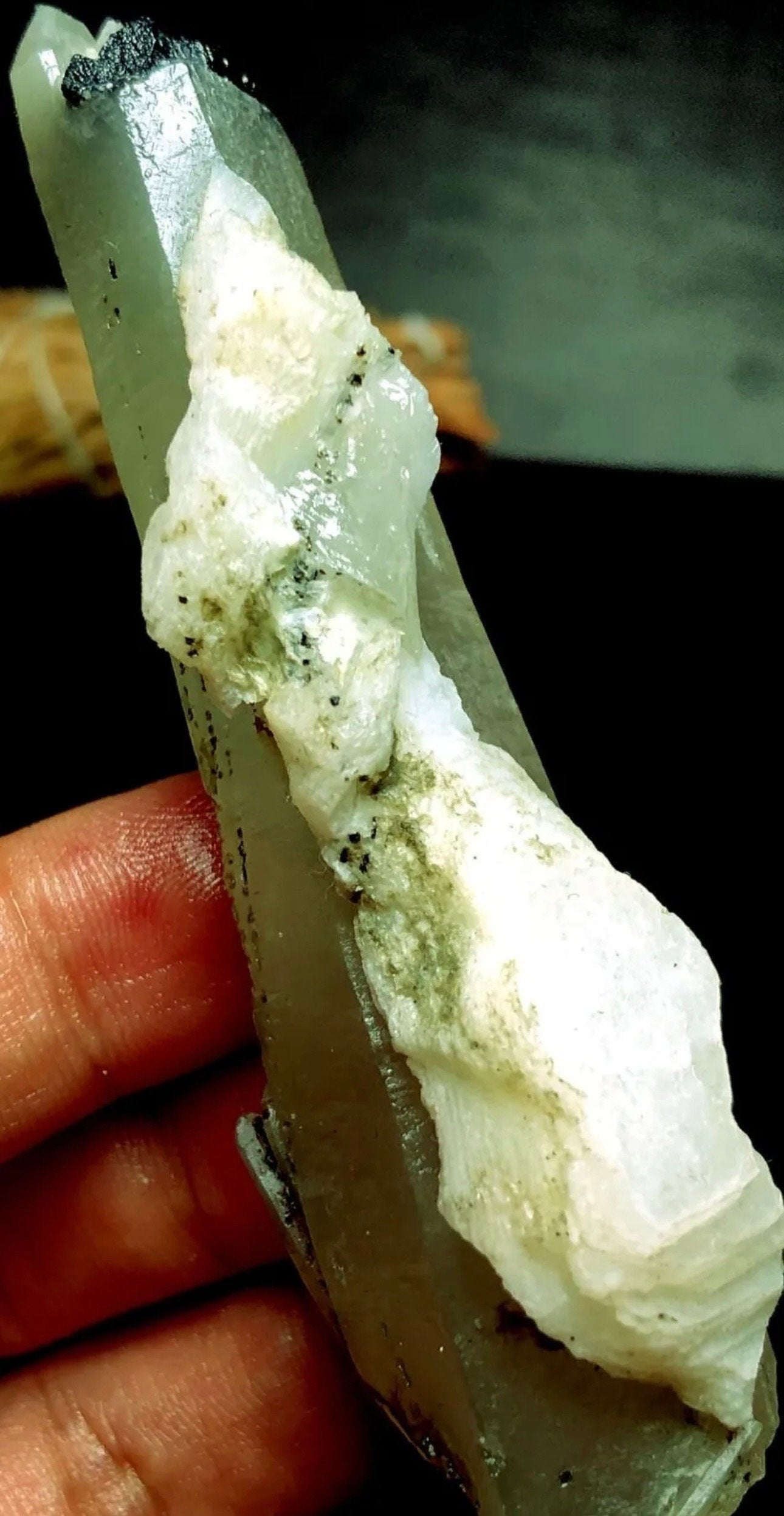 70 Grams Beautiful ET Self-healed Prase Quartz w Black Tourmaline included and Feldspar From Inner Mongolia