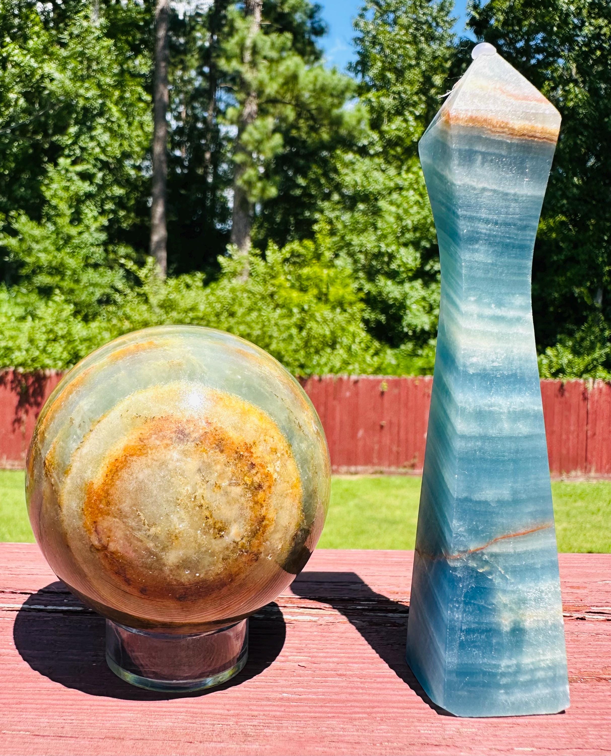 402 grams Aquatine Lemurian, Blue Onxy, Blue Calcite, Argentinian Blue Onyx, with a Tower as a bonus, from Agentina