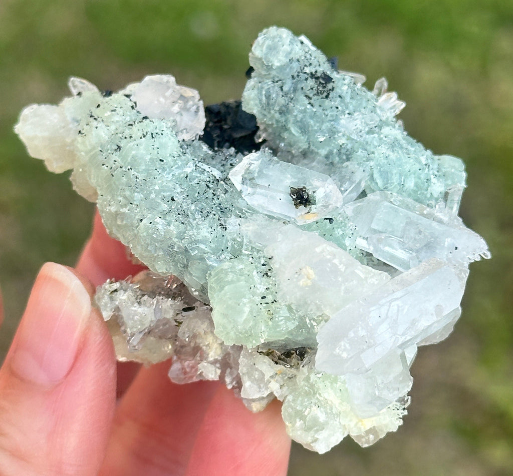 90 Grams of Babingtonite on Prehnite and ET and DT Clear Quartz Points from Qiaojia, Yunnan Province, China
