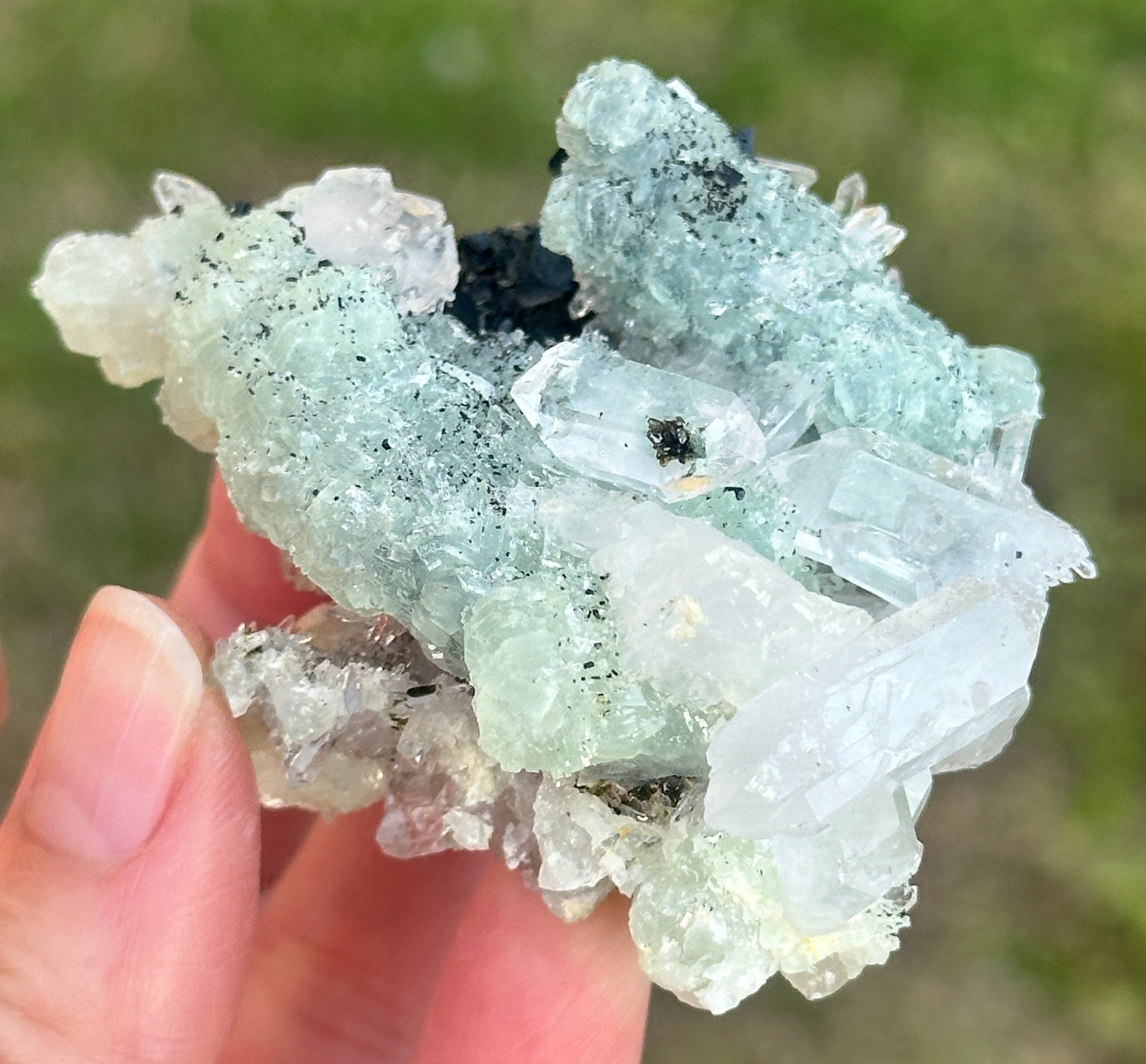 90 Grams of Babingtonite on Prehnite and ET and DT Clear Quartz Points from Qiaojia, Yunnan Province, China