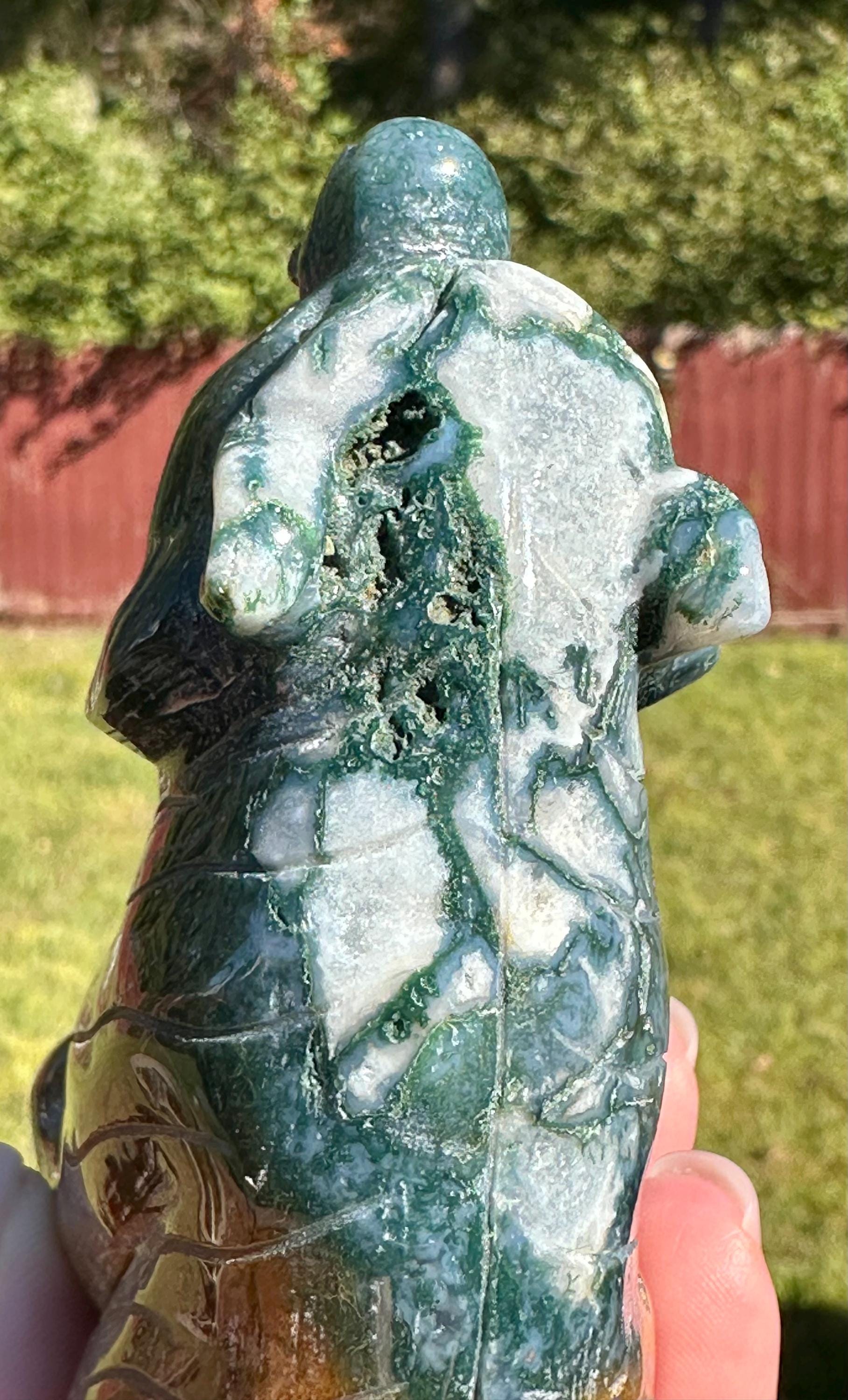 383 grams Captivating Colorful Moss Agate Tiger Carving from India