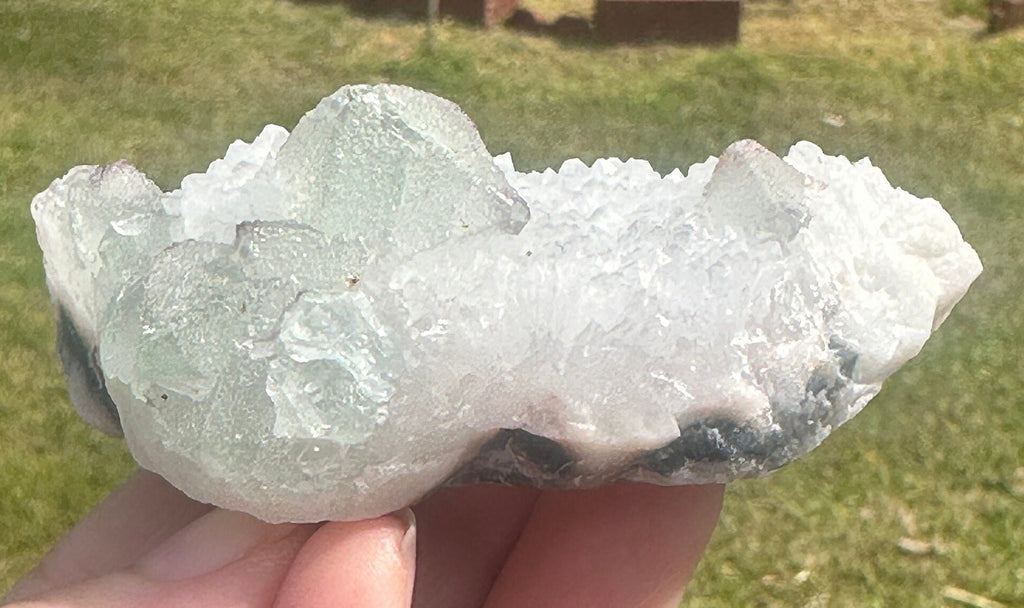 127 Grams Beautiful Light Green Octahedron with Purple Phantoms over White Quartz