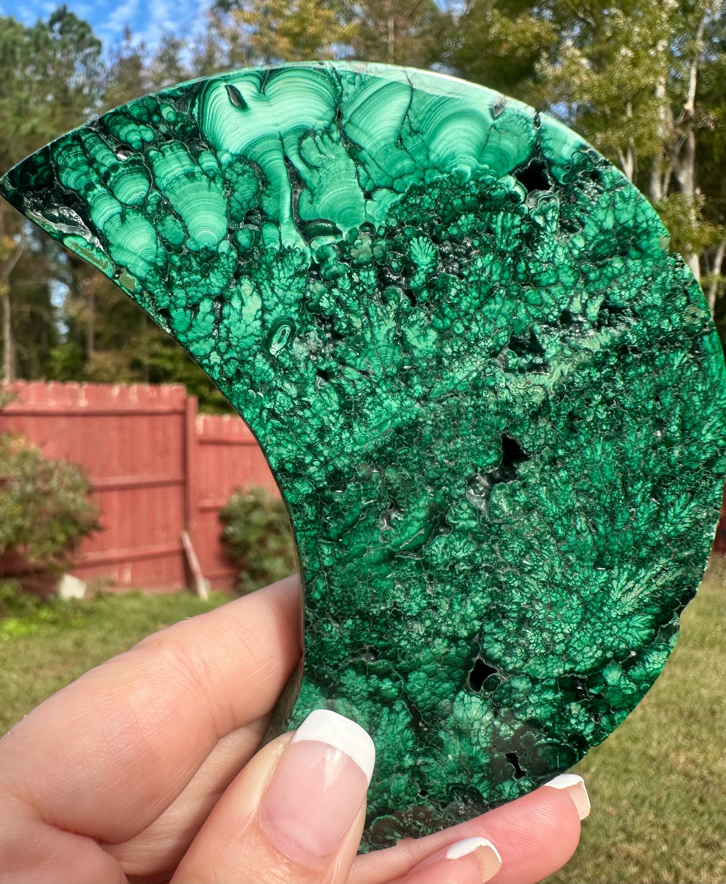 225 grams Gorgeous Malachite Crescent Moon with metal stand