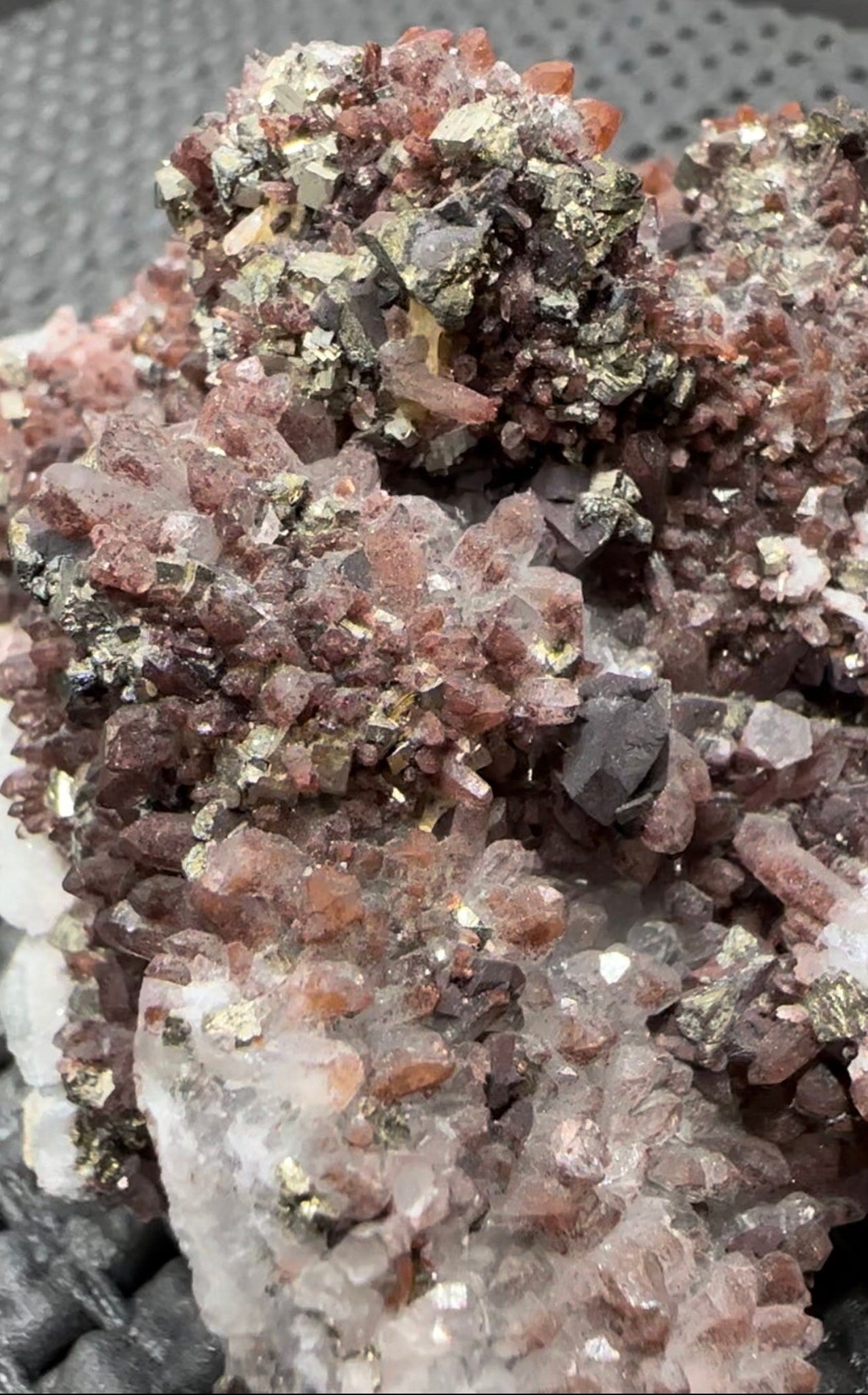 535 Grams Natural Red Phantom Hematite Quartz Cluster with Pyrite and Chalcopyrite