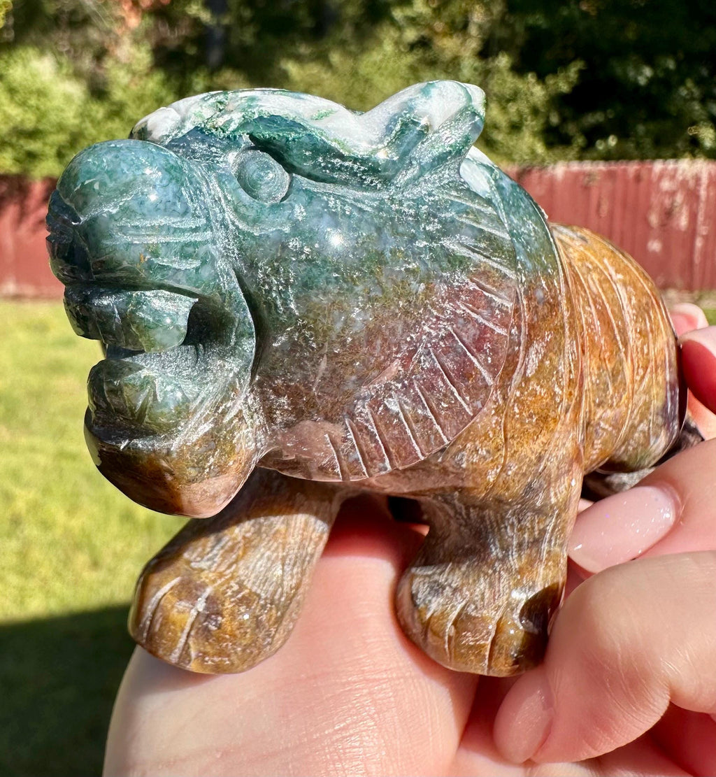 383 grams Captivating Colorful Moss Agate Tiger Carving from India