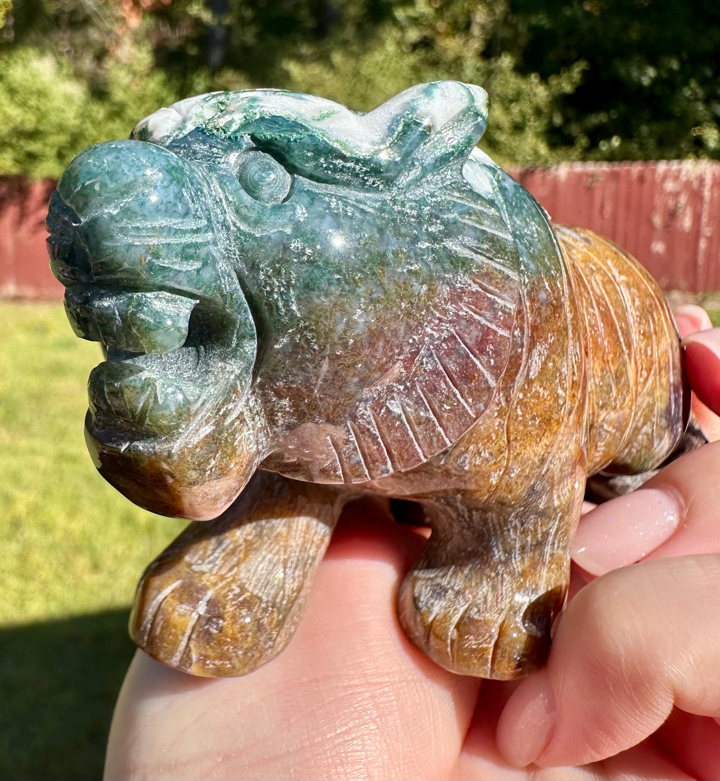 383 grams Captivating Colorful Moss Agate Tiger Carving from India
