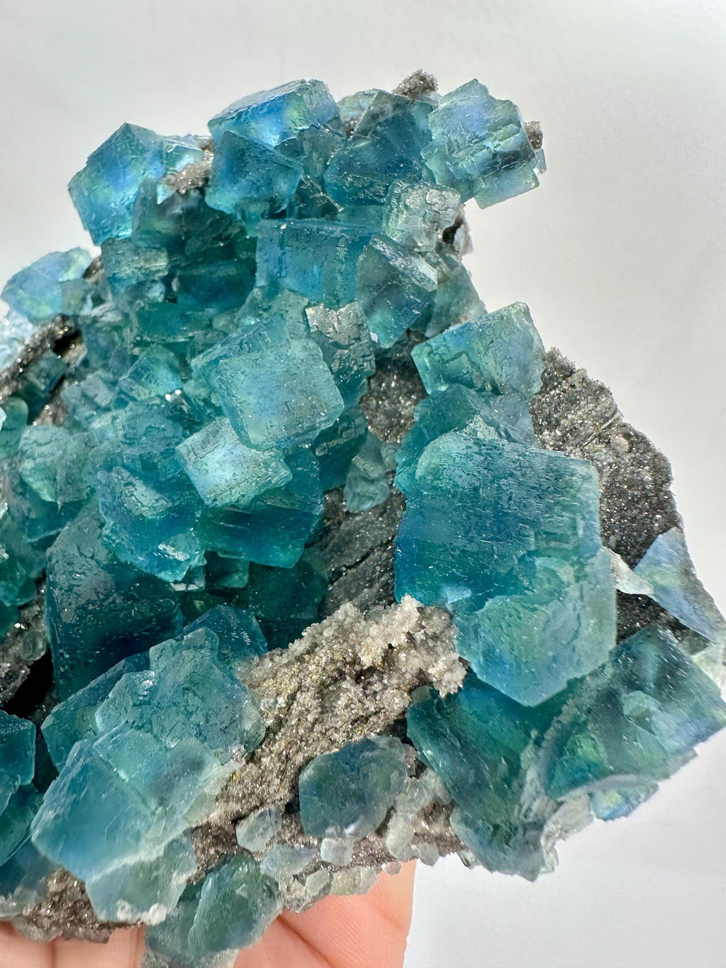 615 Grams Pristine Blue–Green Zoned Fluorite Cluster on Sparkly Granular Quartz — With Etched Cubic Faces Quartz from Hunan Province, China