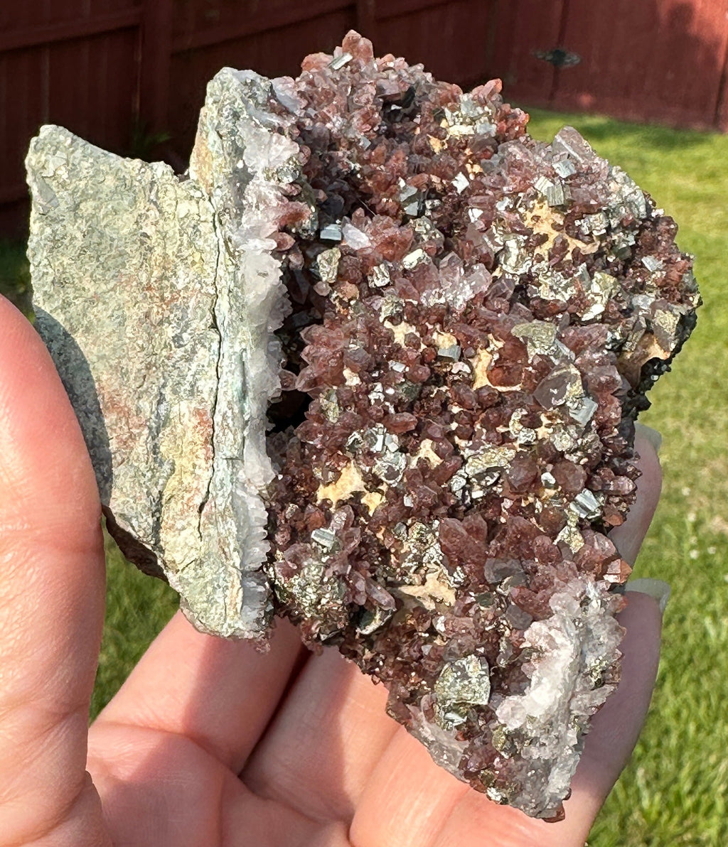 535 Grams Natural Red Phantom Hematite Quartz Cluster with Pyrite and Chalcopyrite