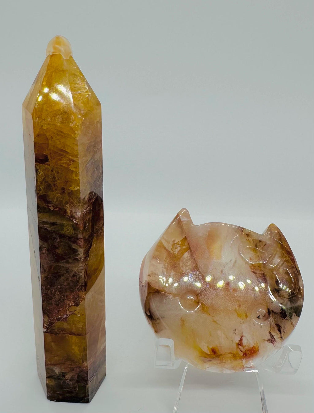 Golden Healer & Fire Quartz Crystal Duo - Point and Cat mini Bowl Set