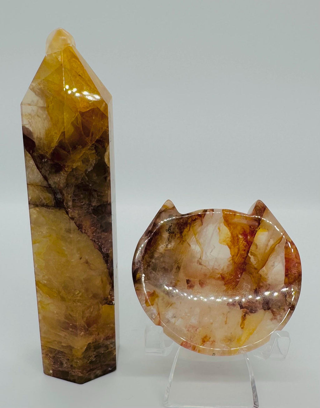 Golden Healer & Fire Quartz Crystal Duo - Point and Cat mini Bowl Set