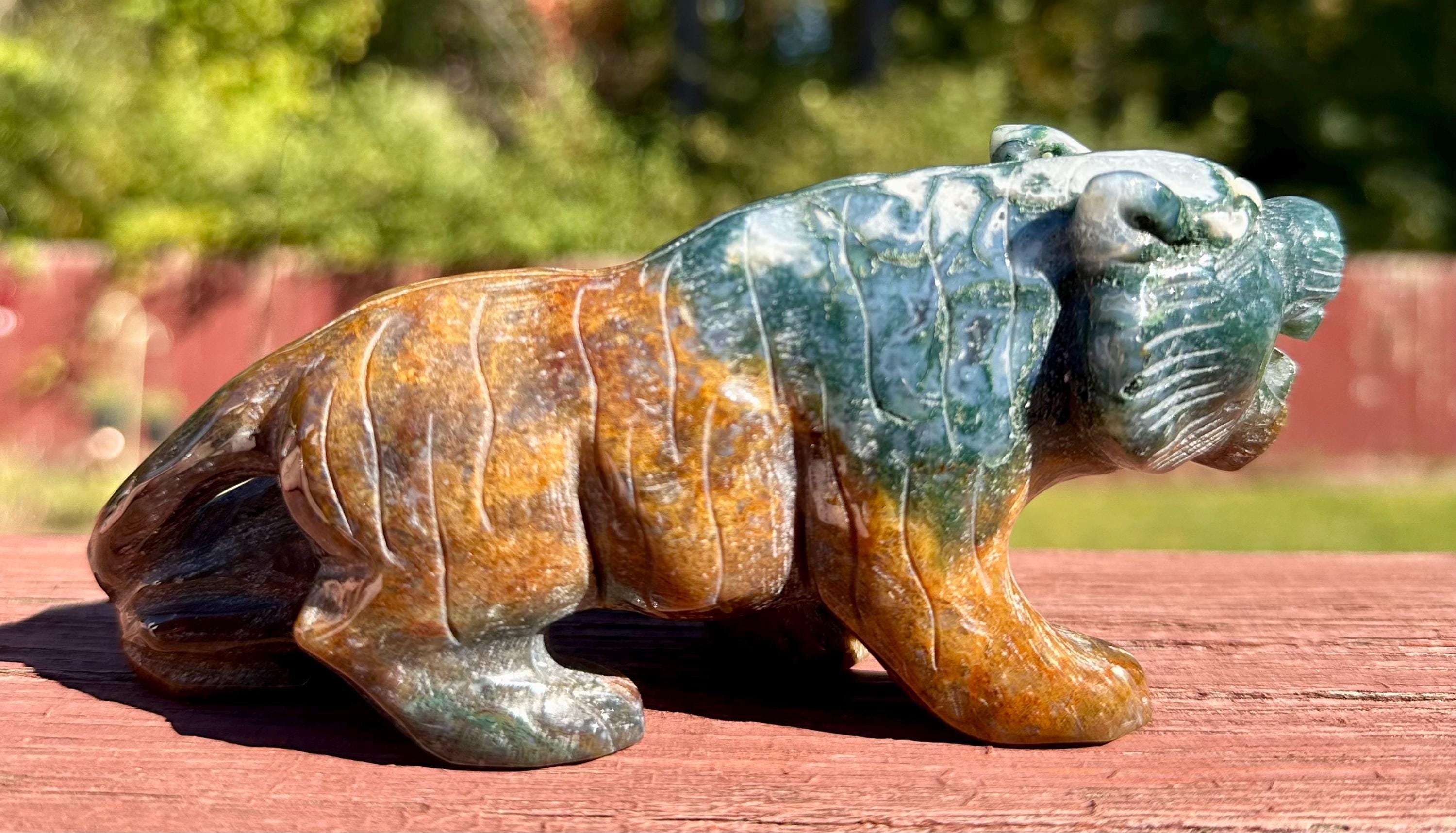 383 grams Captivating Colorful Moss Agate Tiger Carving from India