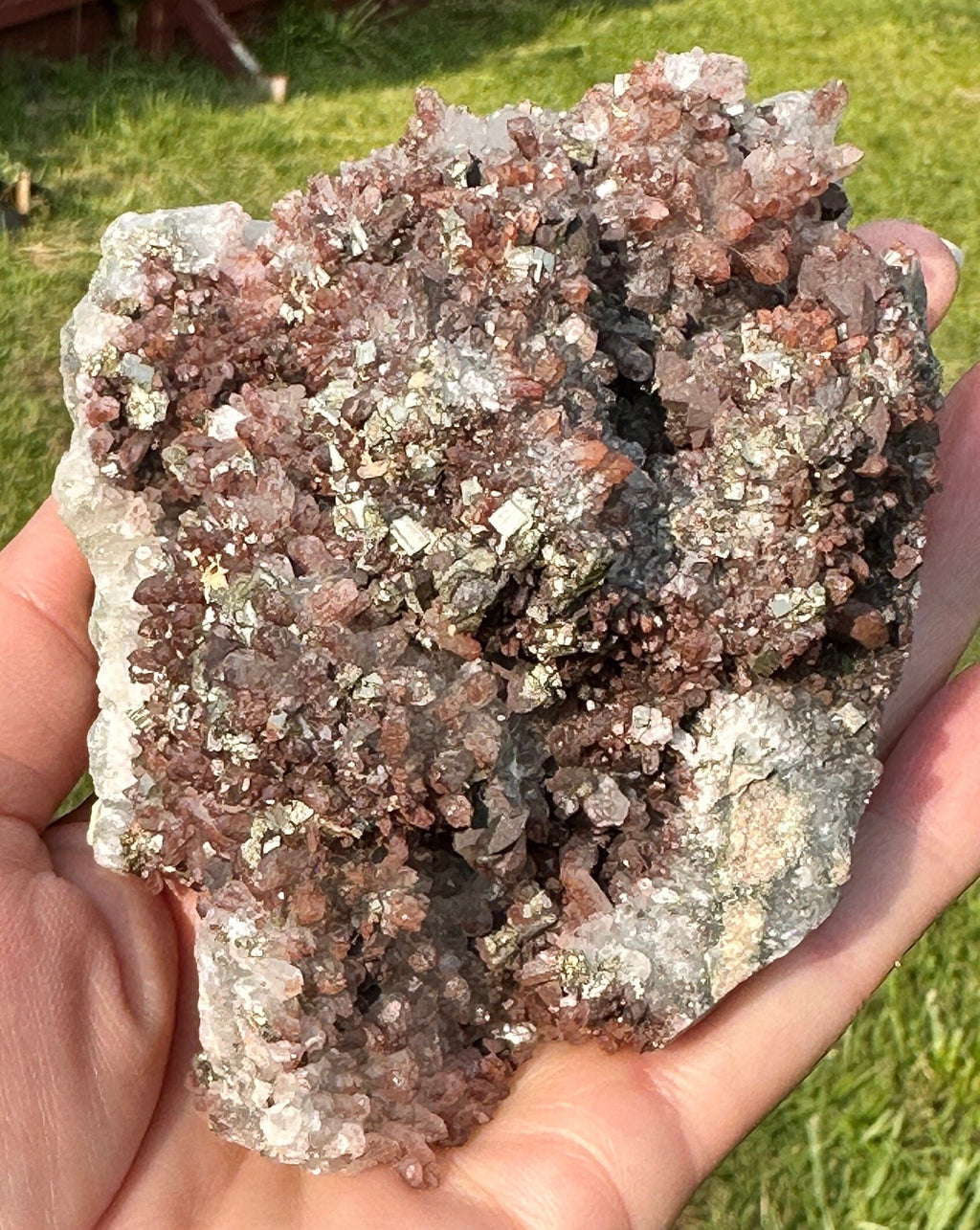 535 Grams Natural Red Phantom Hematite Quartz Cluster with Pyrite and Chalcopyrite