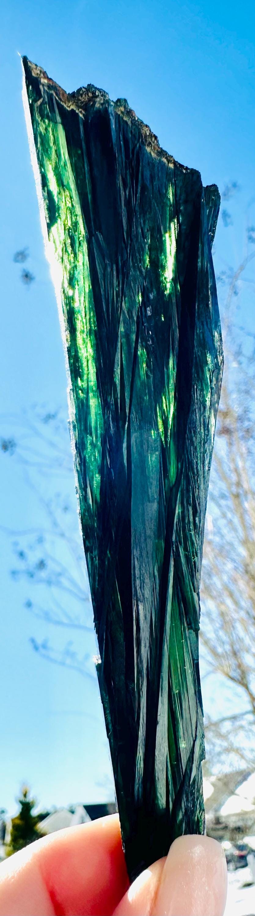 Vivianite Spear — Bright Green & Blue Radiance on Custom Acrylic Stand from Bolivia