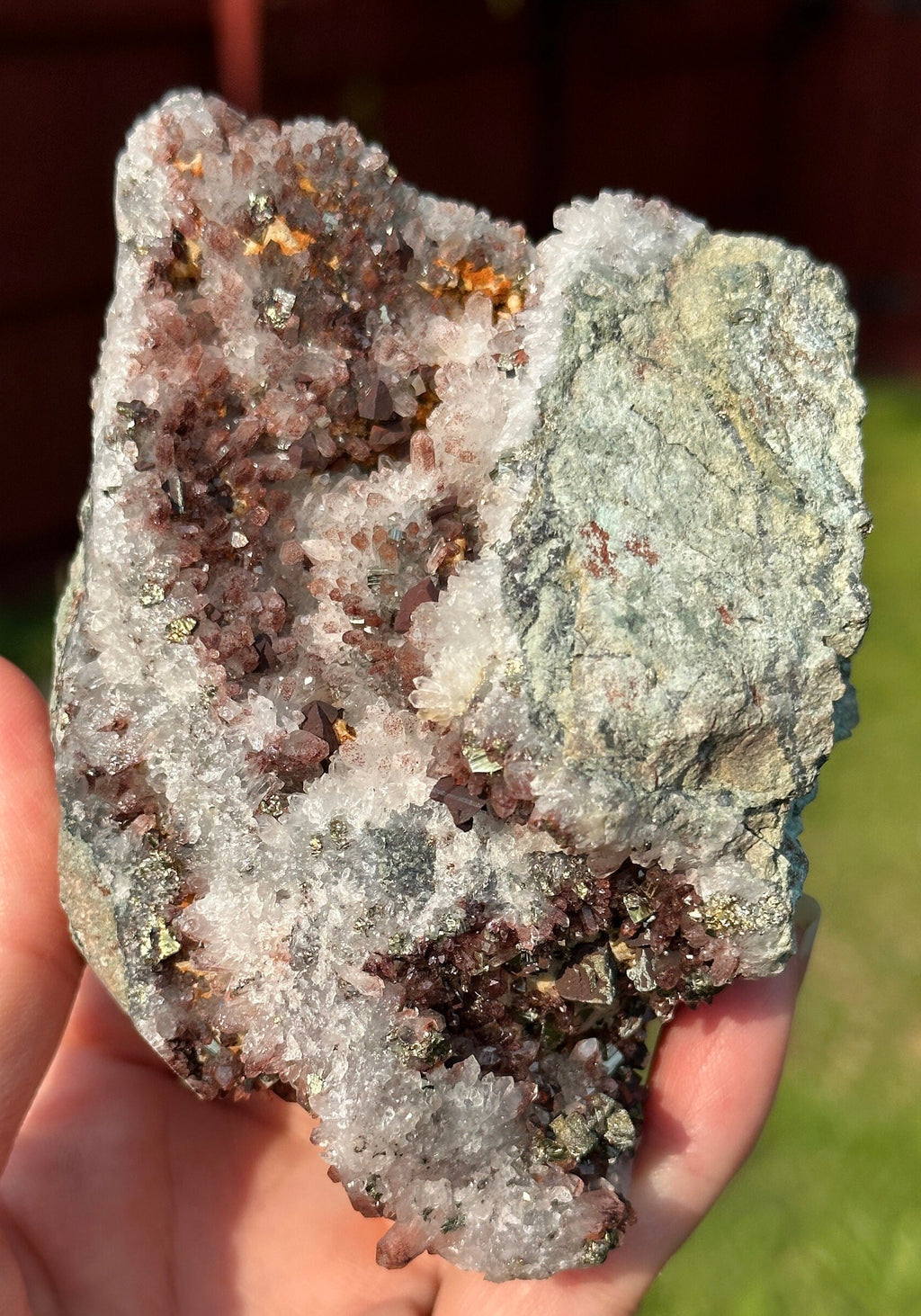 535 Grams Natural Red Phantom Hematite Quartz Cluster with Pyrite and Chalcopyrite