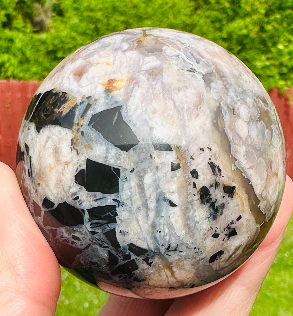 231 Grams Mosaic Like Black Flower Agate Sphere from Madagascar