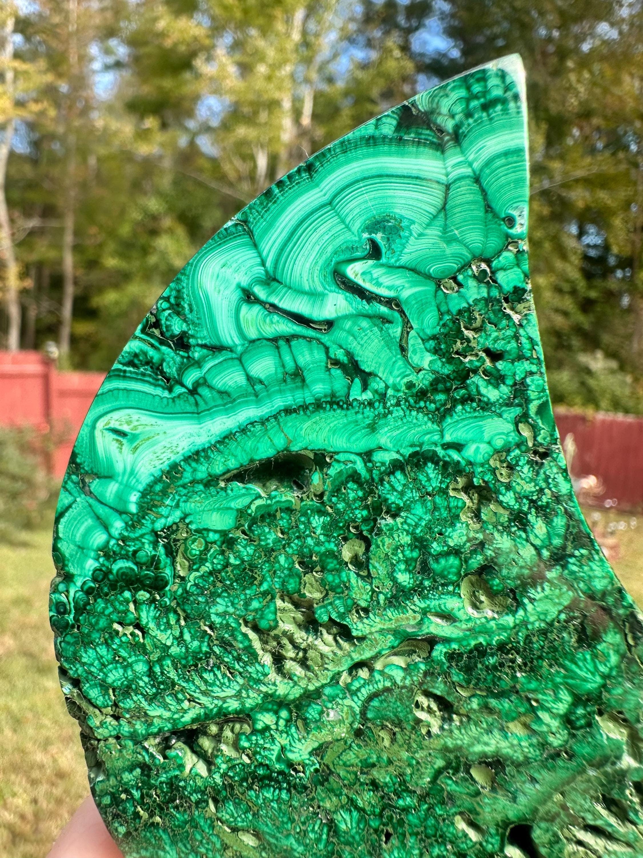225 grams Gorgeous Malachite Crescent Moon with metal stand