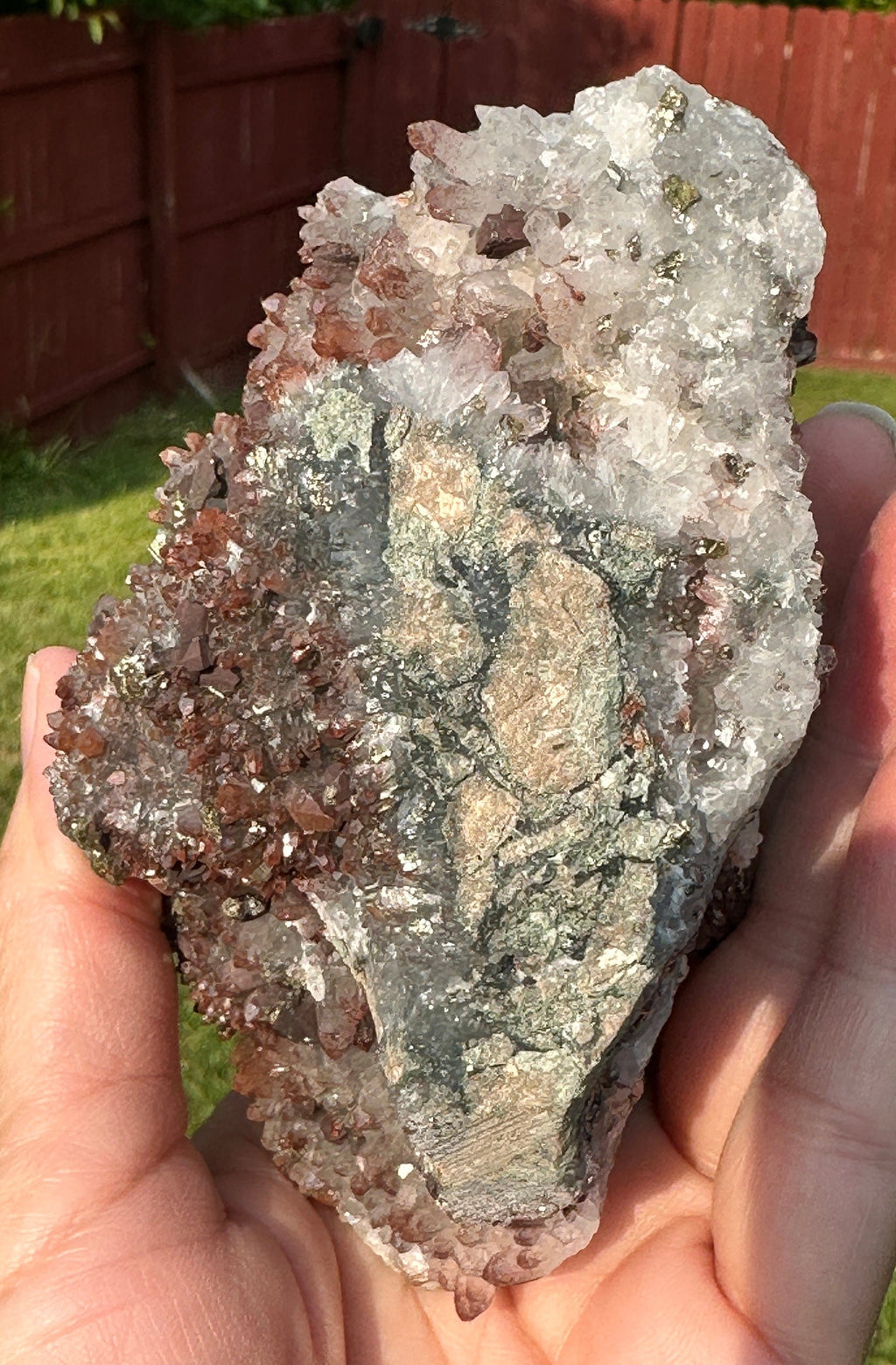 535 Grams Natural Red Phantom Hematite Quartz Cluster with Pyrite and Chalcopyrite
