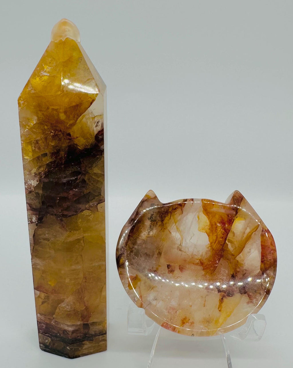 Golden Healer & Fire Quartz Crystal Duo - Point and Cat mini Bowl Set