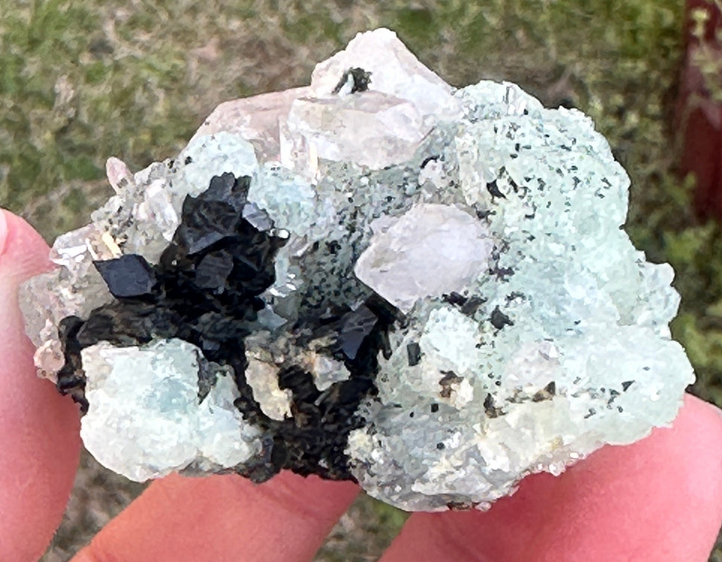 90 Grams of Babingtonite on Prehnite and ET and DT Clear Quartz Points from Qiaojia, Yunnan Province, China