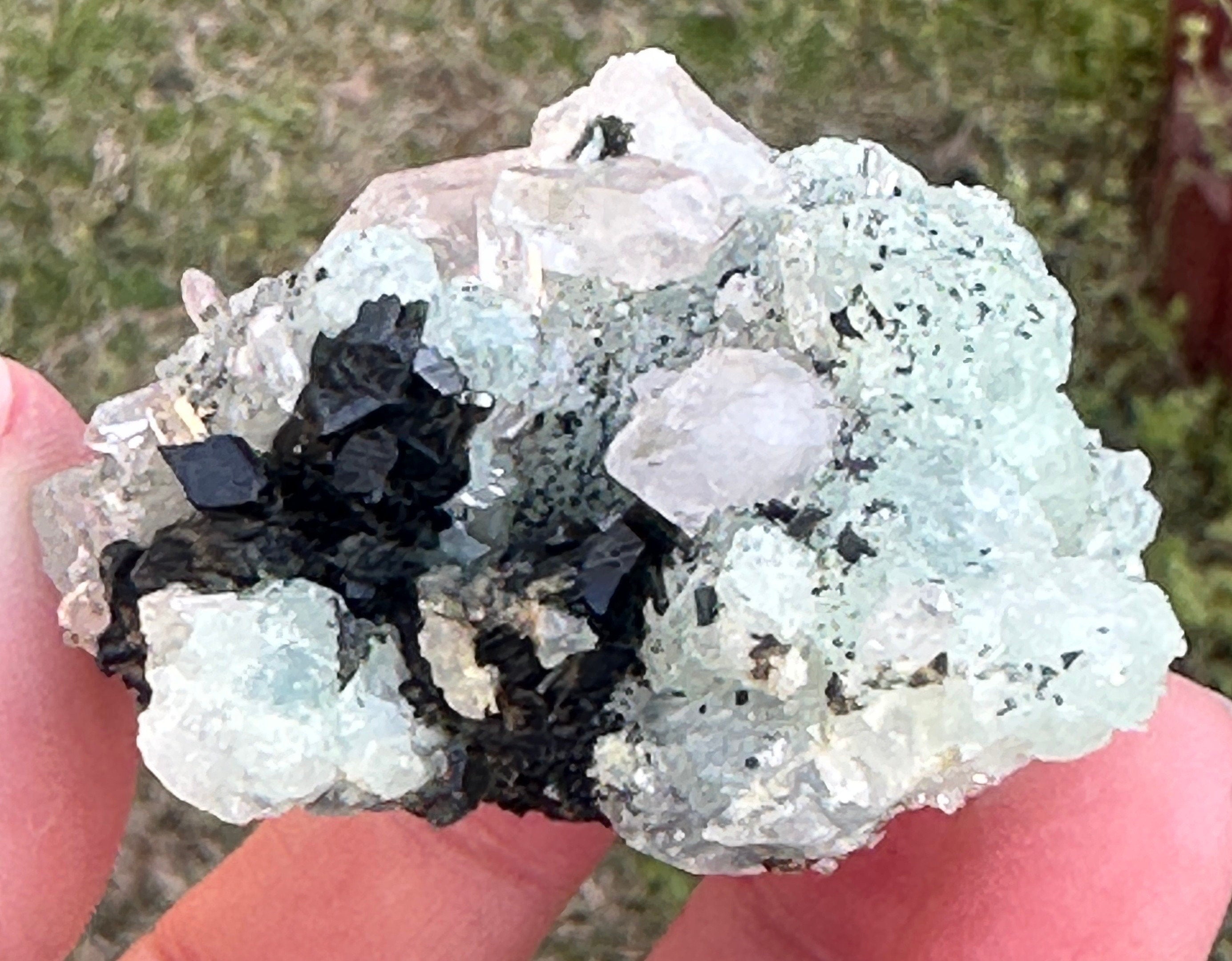 90 Grams of Babingtonite on Prehnite and ET and DT Clear Quartz Points from Qiaojia, Yunnan Province, China