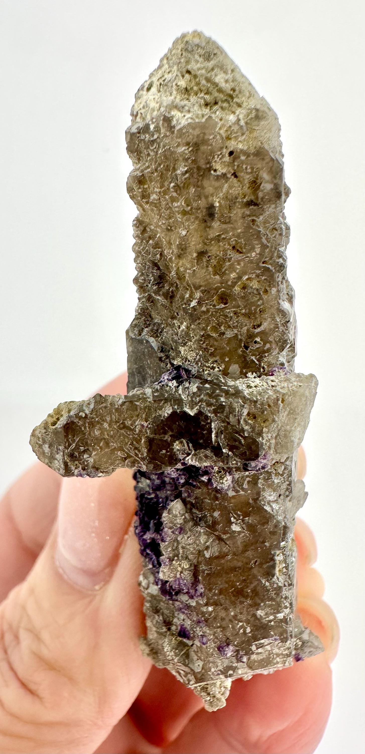 26 Grams Double-Terminated Quartz with Intergrown Crystals, Chlorite Coating & Deep Purple Cubic Fluorite with Phantoms from Inner Mongolia