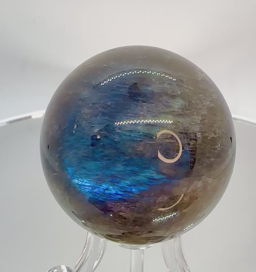 Black Moonstone Sphere with Blue Flash & Rainbow Fire, Madagascar