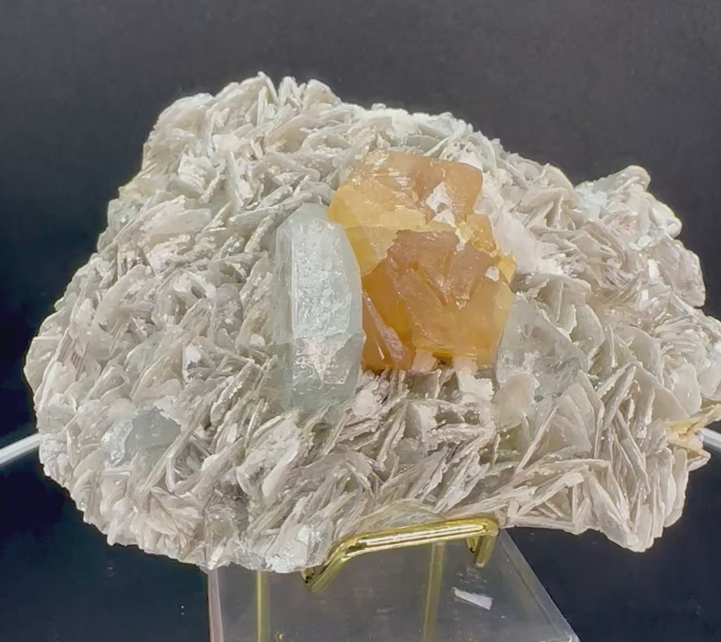 Golden Scheelite & Clear Aquamarine on Muscovite Blades, Mt. Xuebaoding, Sichuan Province, China
