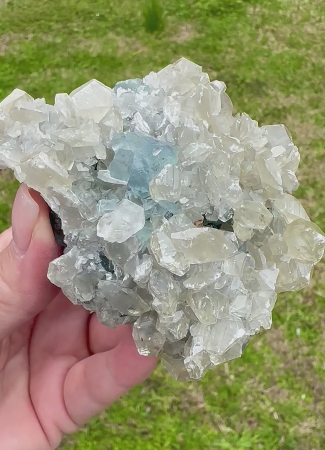 Benz Calcite on Blue & Green Fluorite, Xiang Hualing Mine, China